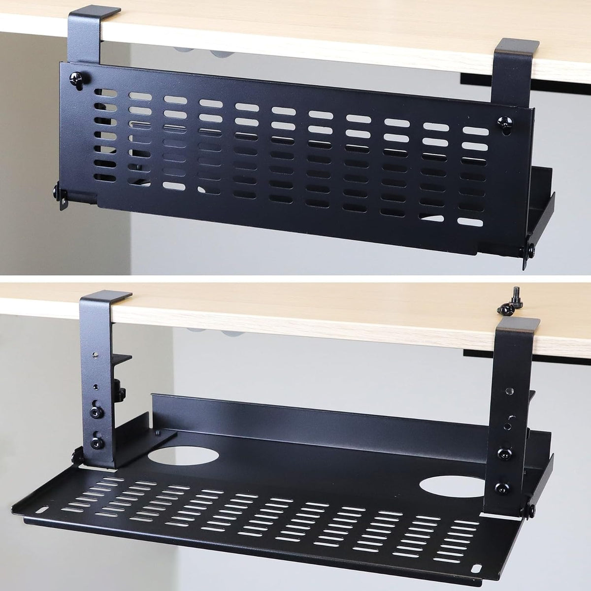 AEONS Under Desk Cable Management Tray Wire Cord Organizer Removable C Clamp Mount No Drill Computer Cord Raceway and Modesty Panel, Black, 16-inch