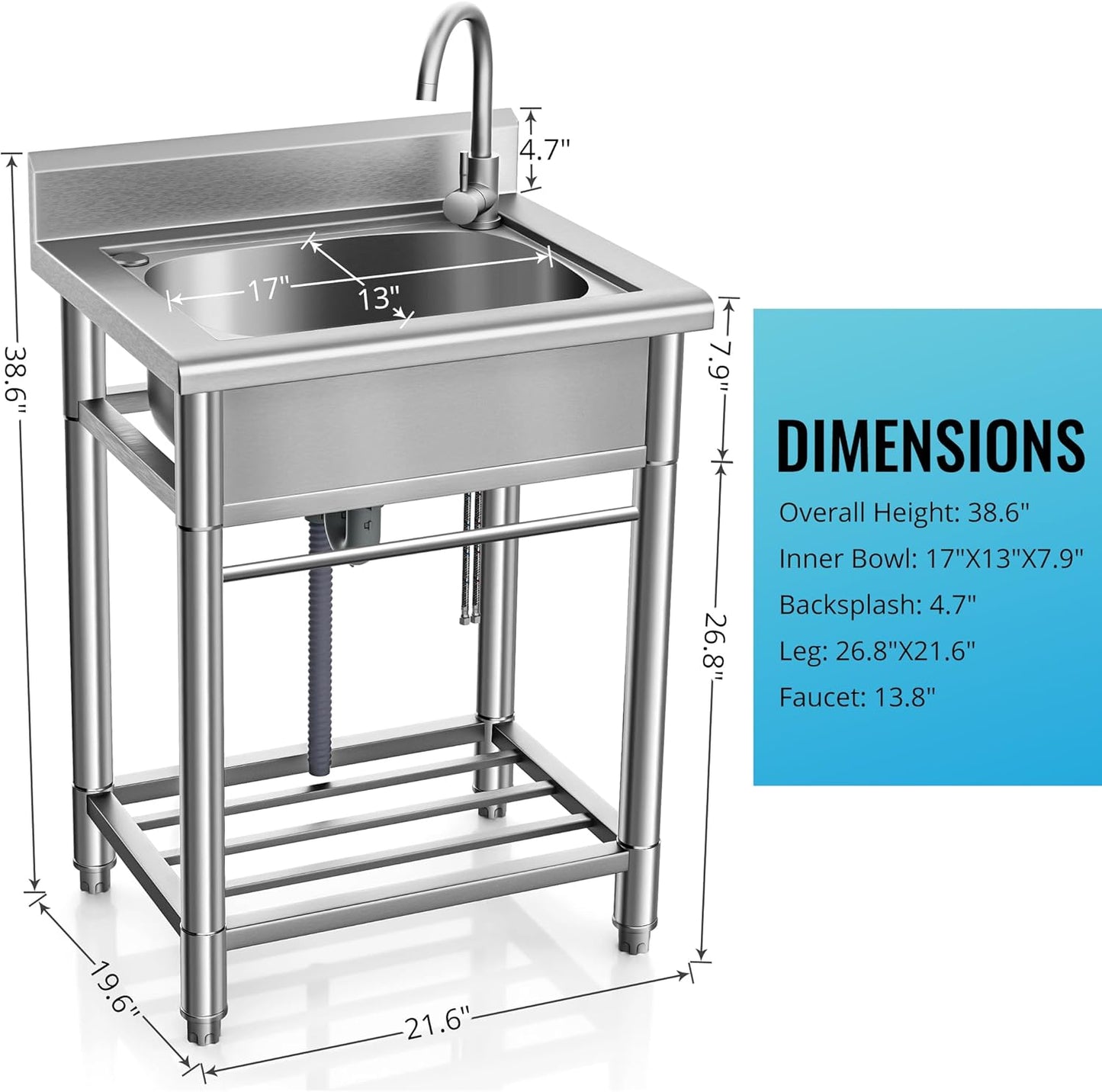 Utility Sink Free Standing Single Bowl Kitchen Sink with Cold and Hot Water Pipe Stainless Steel Sink for Garage Shop Laundry Room Basement Garden Farmhouse Mens Gifts Ourdoor Indoor fregadero