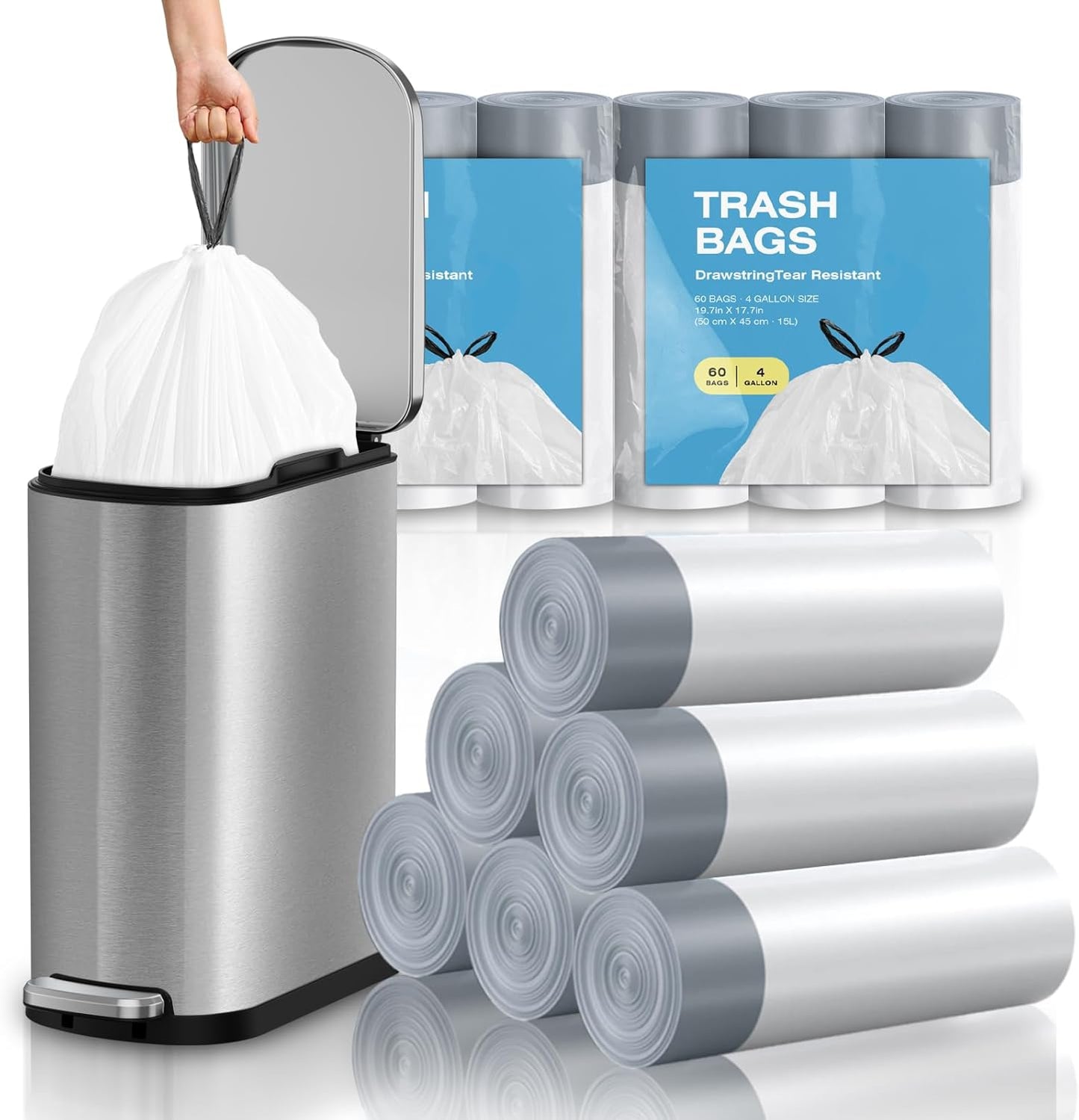 120 Counts 1.6 Gallon Mini Drawstring Trash Bags, Small Garbage Bags by KSSKSS, Code a fit 4.5-8 Liter, 1.2-2 Gal, White Trash Bin Liners for Home Office Kitchen Bathroom Bedroom