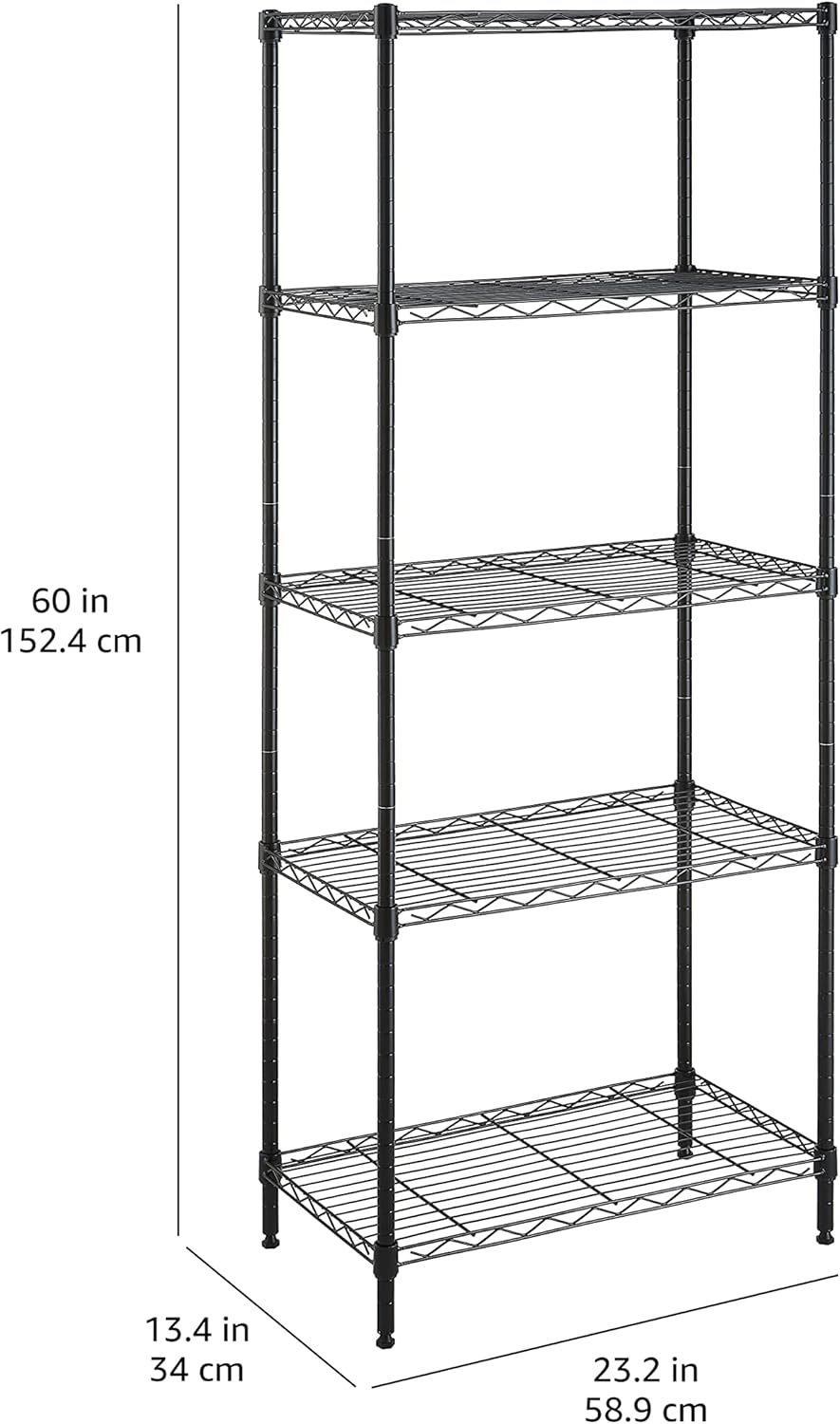 Amazon Basics 5-Shelf Multipurpose Adjustable Steel Garage Shelving Unit, Storage Rack for Kitchen, 200 lbs Per Shelf, Easy Assembly, 13.4"D x 23.2"W x 60"H, Black
