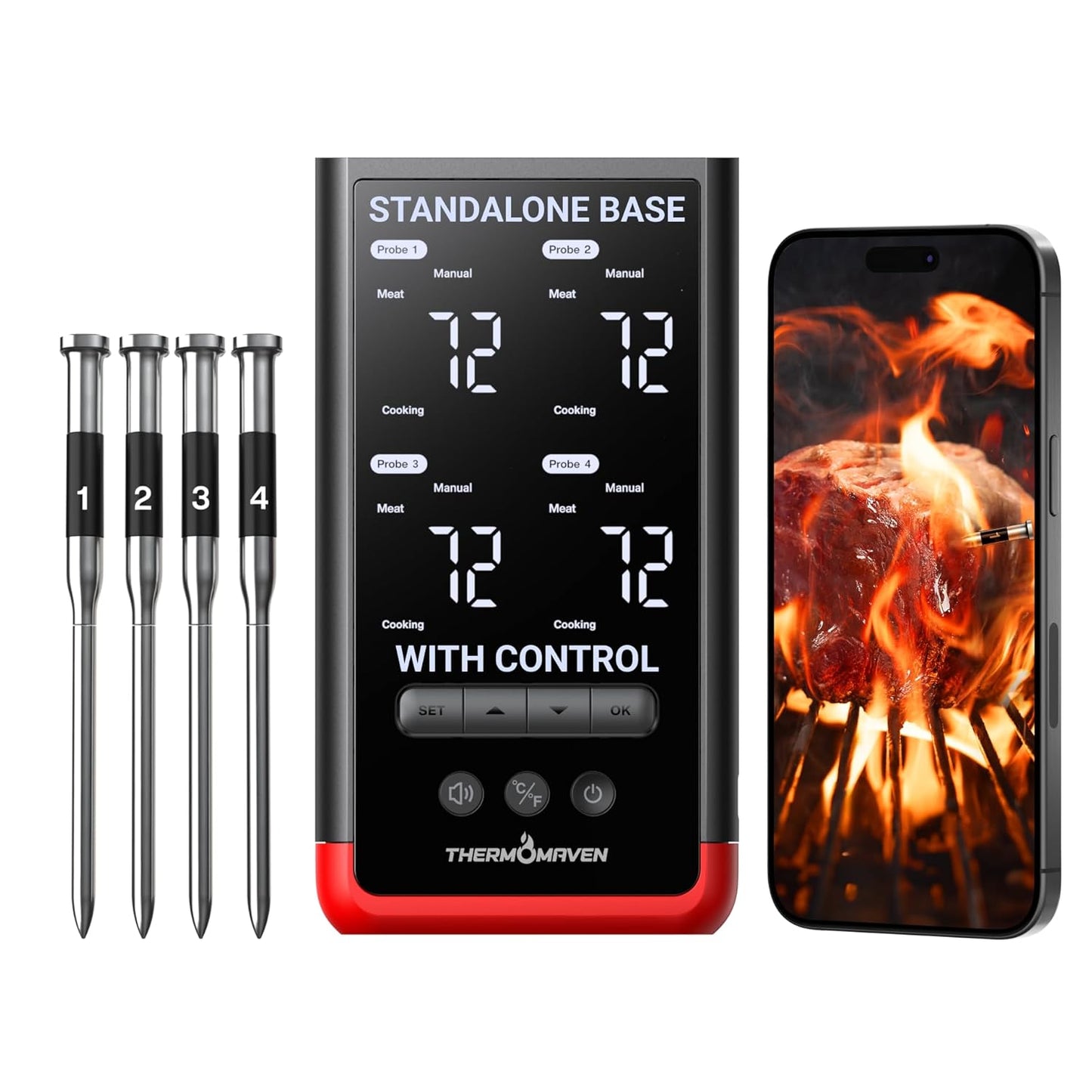 ThermoMaven Smart Bluetooth Wireless Meat Thermometer: Standalone Base, WiFi Unlimited Range, 6 Sensors with NIST Certified Accuracy, 2 Probes for Kitchen, BBQ, Grill, Oven, Smoker, Rotisserie