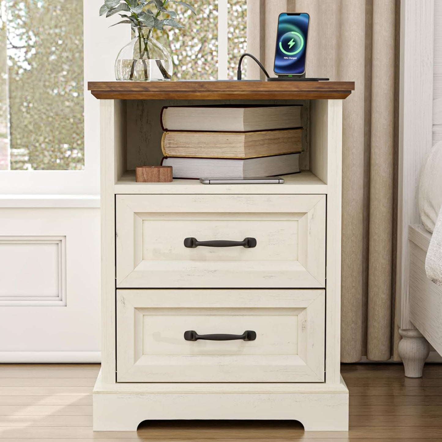 HOMMPA Farmhouse Nightstand w/Charging Station, Open Shelf, Rustic White