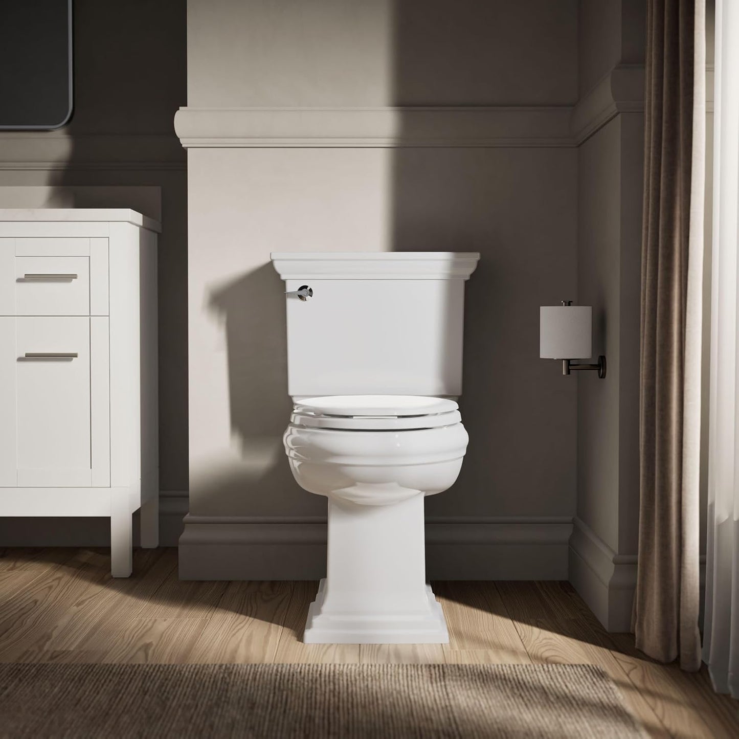 KOHLER Stonewood Quiet-Close, Elongated Toilet Seat Soft Close, Durable Wood, Easy Installation, Universal Fit, Home Essentials, White Finish, K-20466-0