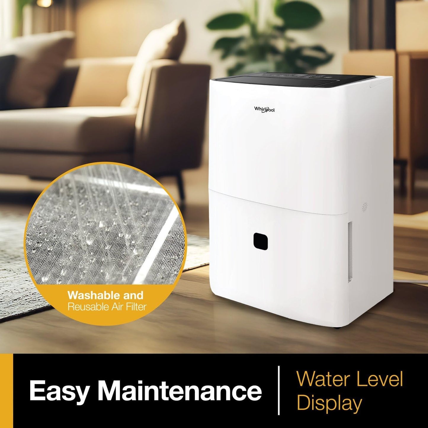 Whirlpool 50 Pint Energy Star Certified Dehumidifier in White, Compact Quiet Efficient Humidity & Moisture Absorber for Home, Bathroom, Bedroom, Living Room, Garage, Attic, Crawl Space, Whole Home