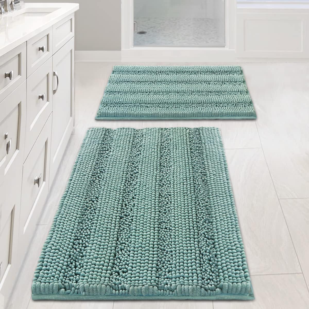H.VERSAILTEX Bathroom Rugs Bath Rug Set 2 Piece Bathroom Contour Rug Toilet Mat Sets Non Slip Contour Bath Rug Ultra Thick Water Absorbent Striped Bath Mats(20" x 32" Plus 20" x 20" U, Turquoise Blue)