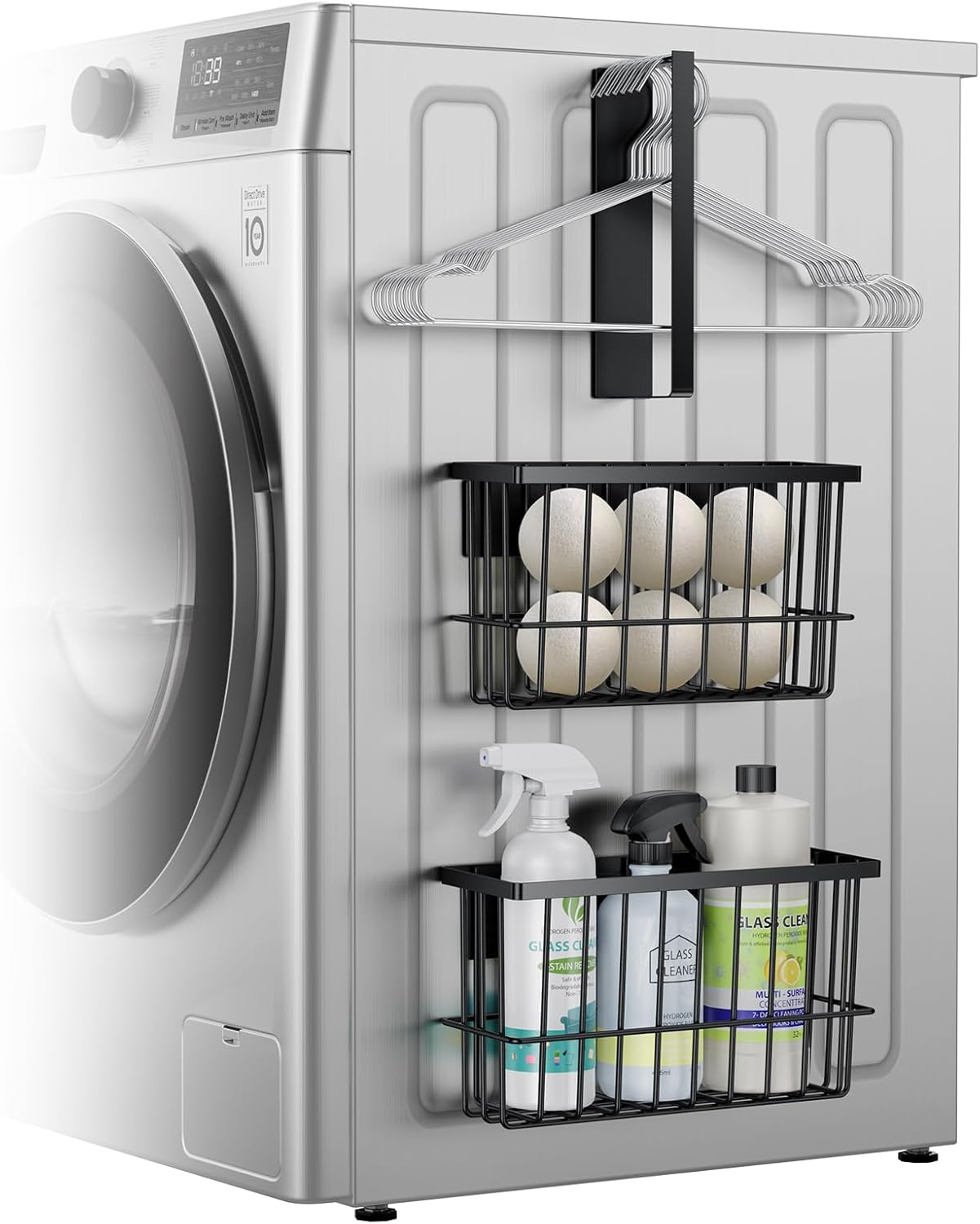 Laundry Room Organization and Storage Magnetic Dryer Ball Holder with Magnetic Hanger Holder, Magnetic Lint Bin for Washer Dryer, Iron Basket Dryer Ball Container, Magnetic Laundry Organizer (White)