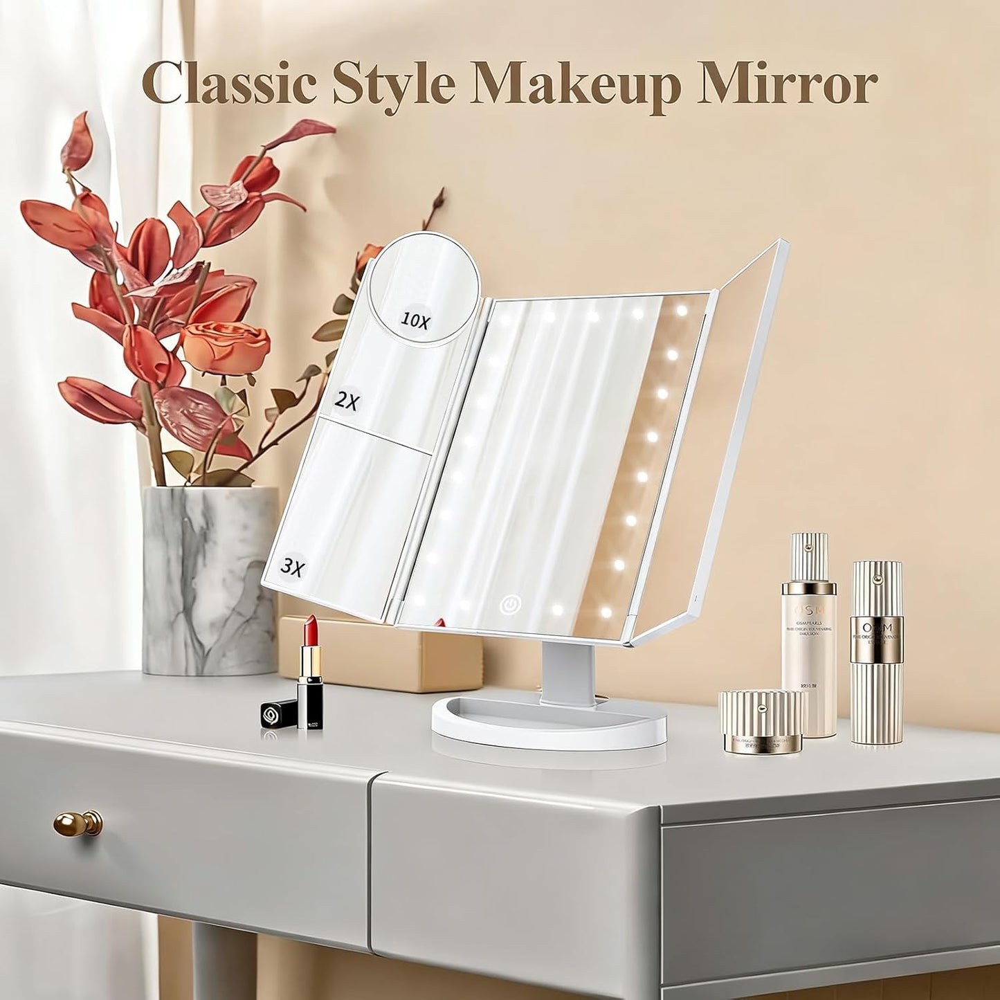 HUONUL Makeup Mirror, Vanity Mirror with Lights, 2X/3X/10X Magnification, Touch Control, Trifold, Dual Power Supply, Birthday Gifts for Women, Wife, Mom, Girls,Dorm Room Essentials