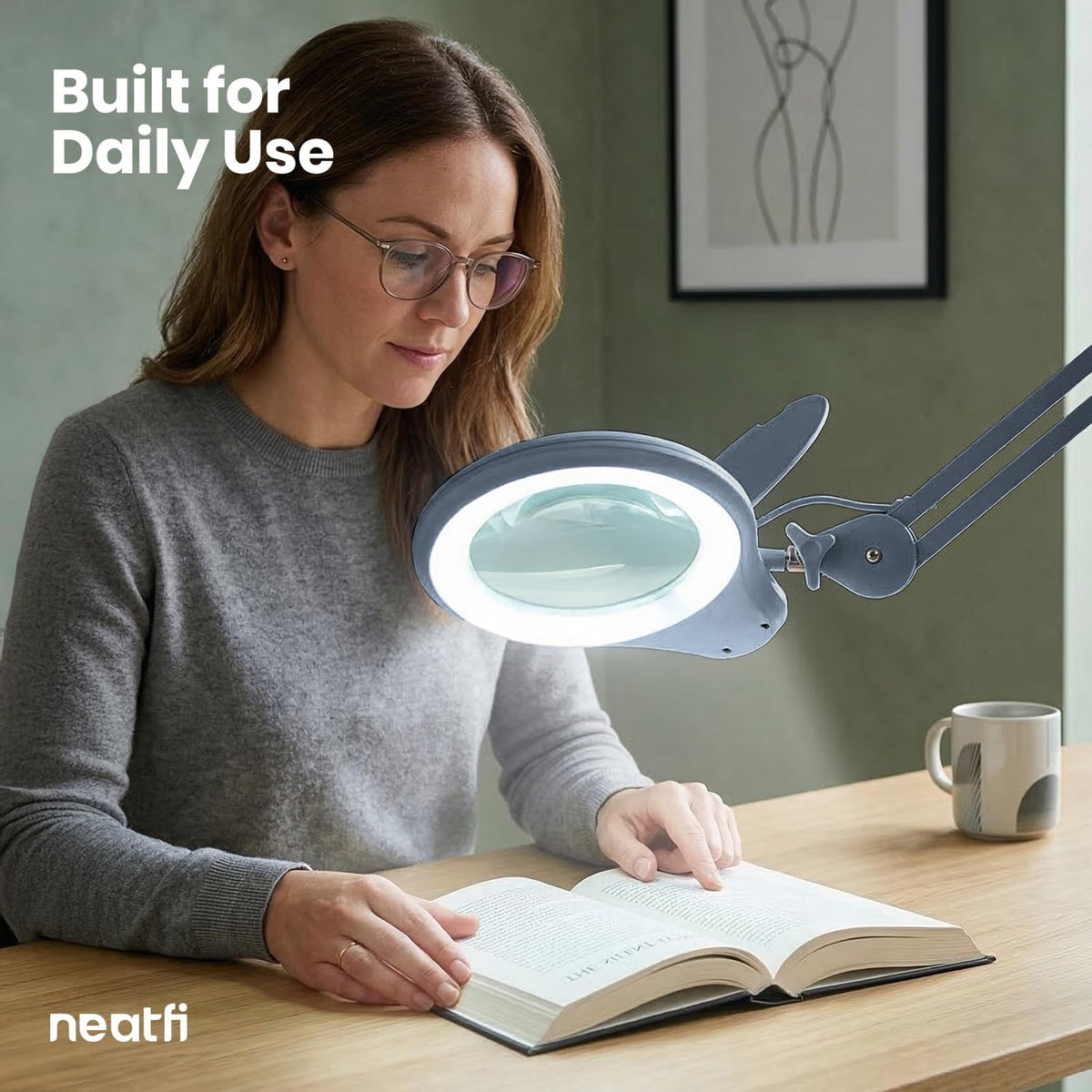 Neatfi LED Bifocal Magnifying Lamp 1,200 Lumens – 5” Glass Lens, Dual Magnification 2.25X/6X, Dimmable | Adjustable Arm with Clamp | Crafting, Jewelry & Reading (5 Diopter + 20 Diopter, Gray)