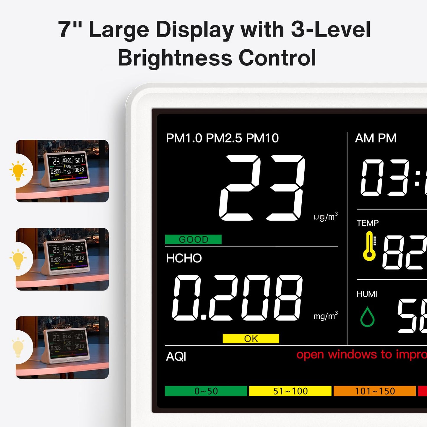 16 in 1 Air Quality Monitor Indoor 7" Large Display 9 AQI+7 Alerts, CO2 Monitor Air Quality Tester for CO2, TVOC, PM2.5 PM1.0 PM10, HCHO Temperature Humidity AQI & Time Air Quality Meter for Home