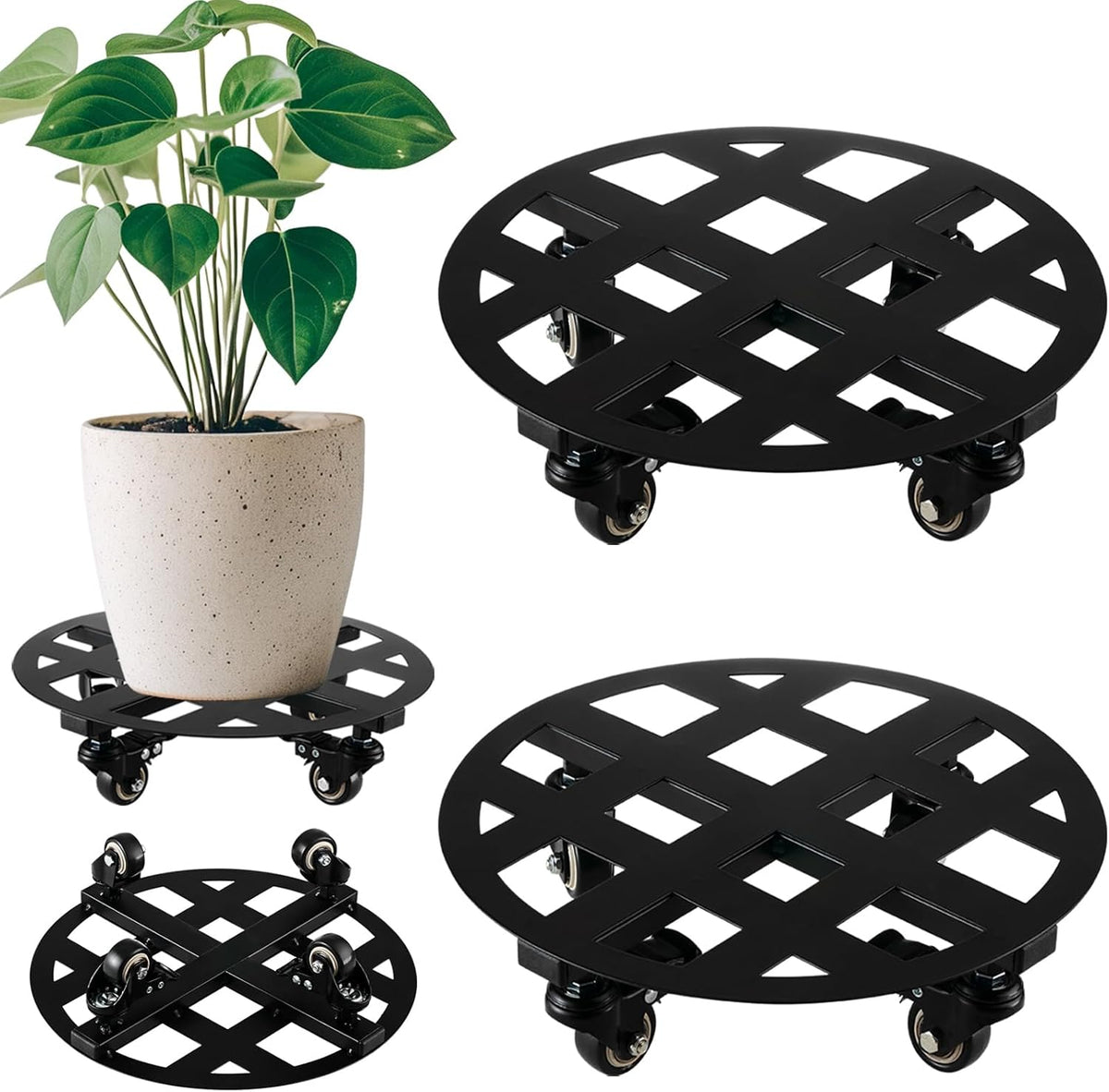 2 Packs 12 inches Large Metal Plant Caddy with Wheels Heavy-Duty Round Plant Stands with Casters Indoor Outdoor Flower Pot Mover Roller Base Garden Dolly Coasters Black, Strong Load Capacity