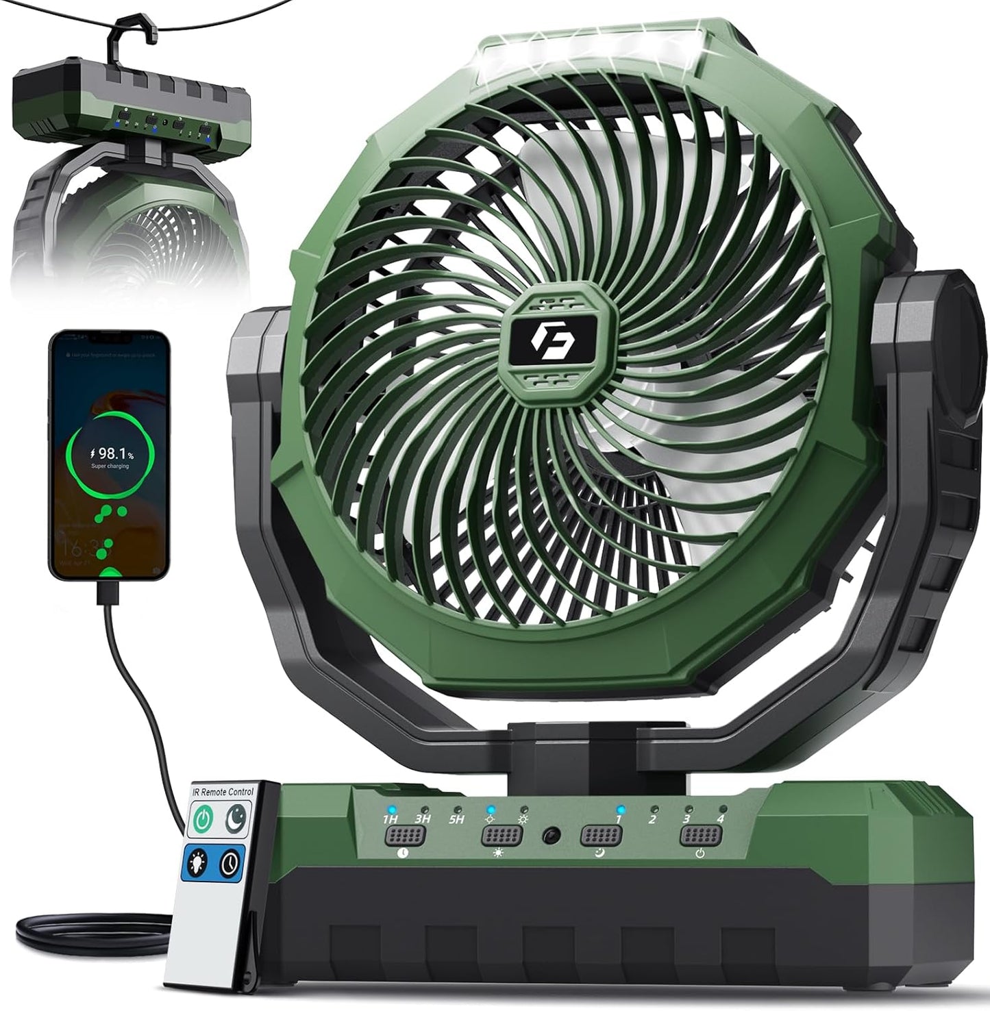FRIZCOL 3-in-1 Camping Fan - Portable Fans Rechargeable - 24000mAh Battery Powered Fan with Light & Remote for Indoor, Outdoor, Tent, Travel, Fishing, Jobsite, Gifts for Men Dad Him - Green