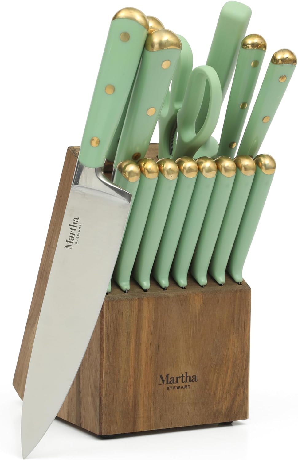Martha Stewart 16-Piece Lockton High Carbon Stainless Steel Knife Block Set - Forged Full Tang Chef Knives, Acacia Wood Block, Triple Riveted Handles, Black & Gold