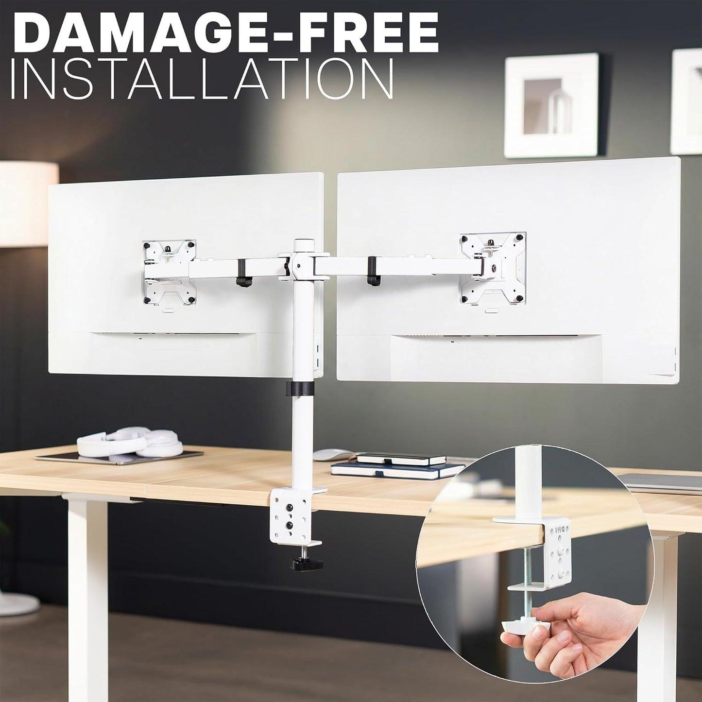 VIVO Dual LCD LED 21 to 32 inch Monitor Desk Mount, Heavy Duty, Adjustable Telescoping Arms, Flush Wall Setup, Fits 2 Screens, White, STAND-V002EW
