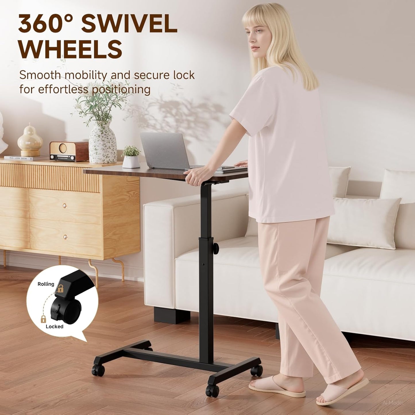 GTPLAYER Small Standing Desk, 24 Inches Foldable Mobile Rolling Laptop PC Table with Lockable Casters, Adjustable Height Overbed Bedside Table Computer Workstation for Home Office, Dark Brown-Foldable