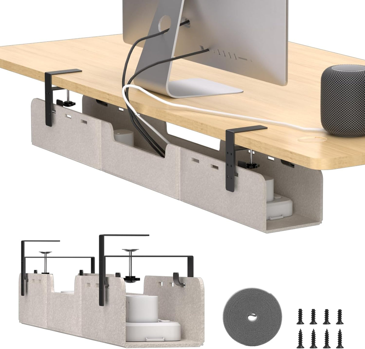 No-Drill Under Standing Desk Cable Management,47.2" L,Beige