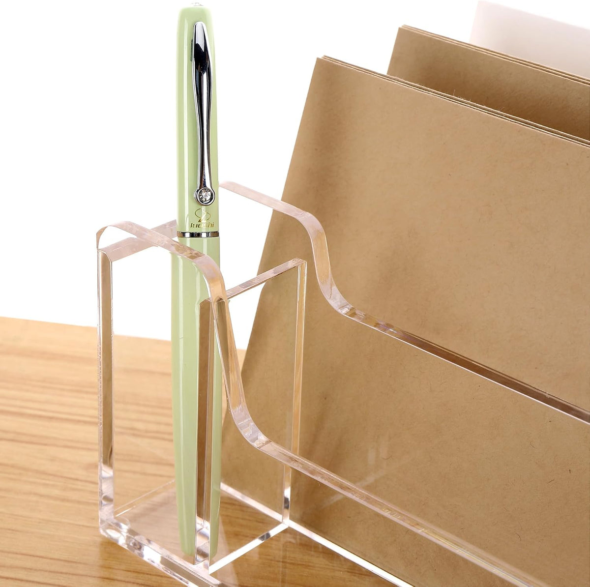 SANRUI Acrylic Mail Organizer with Pen Holder, Clear Mail Sorter, 4-Slot