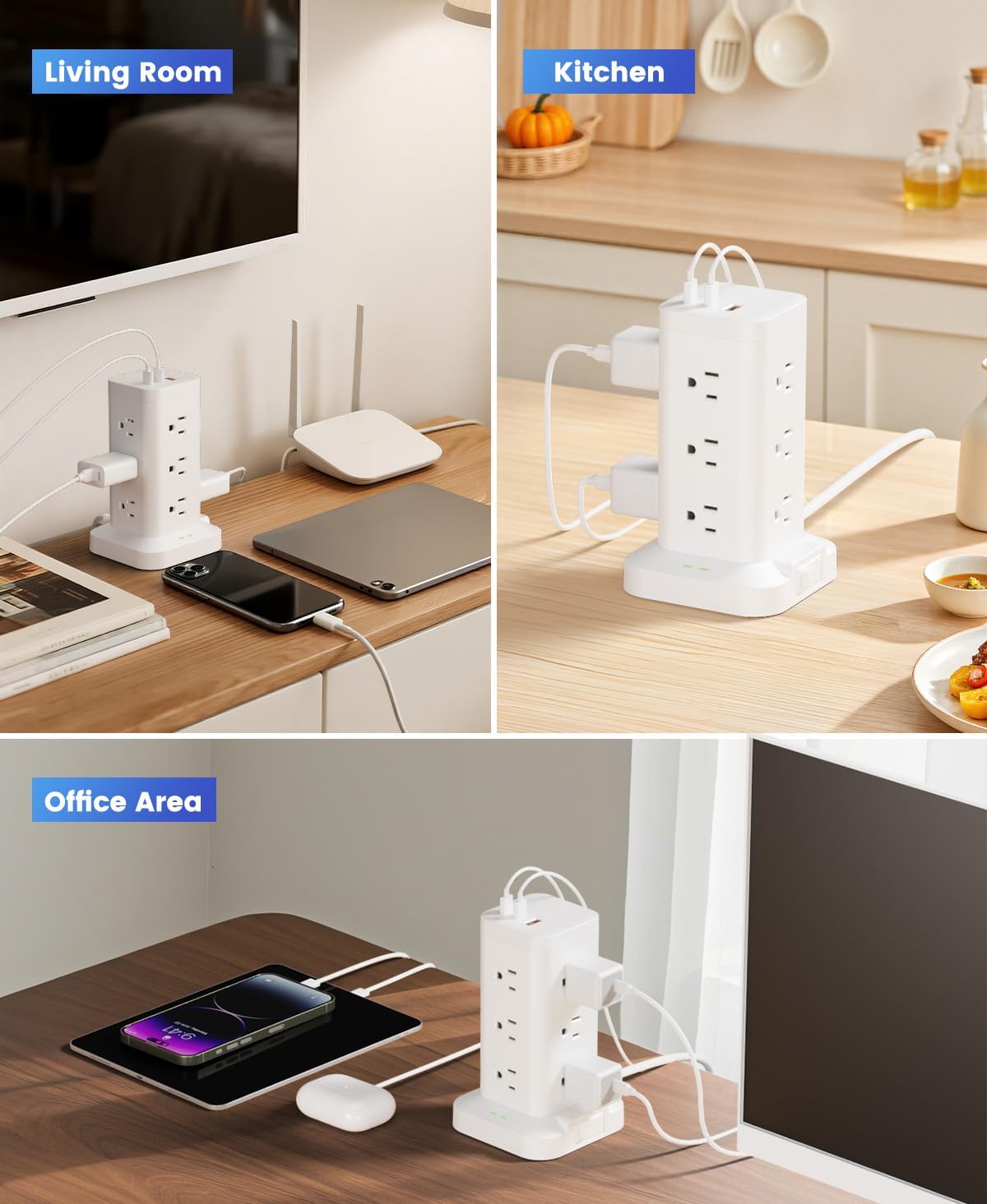 Power Strip Tower with Surge Protector 1800J, Fast Charging Tower PD20W USB-C Ports with 12 AC Outlets, 10ft Extension Cord for Home Office Dorm Room, White