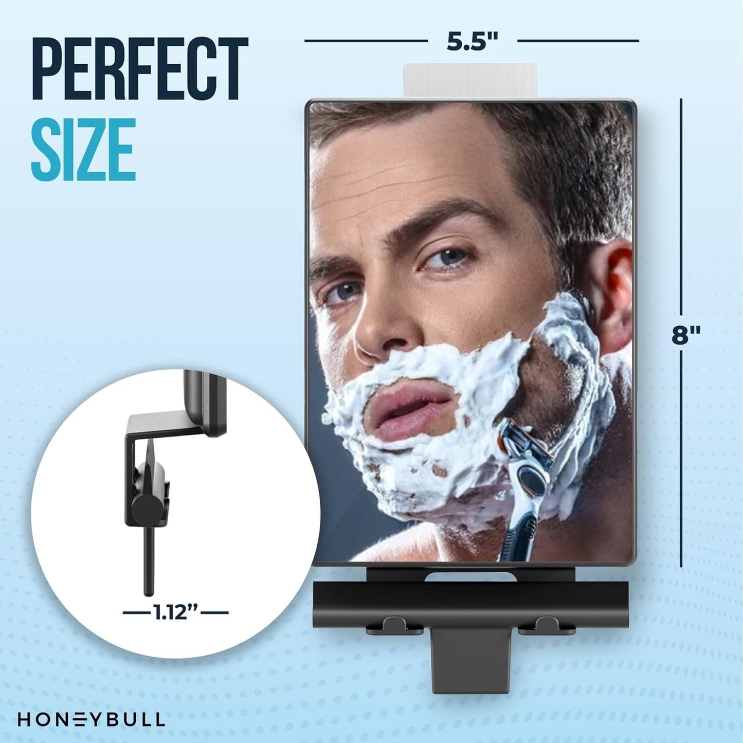 HONEYBULL Fogless Shower Mirror for Shaving – Anti Fog Mirror for Shower with Water Tank, Adhesive Hook Mount, Bonus Razor Holder & Squeegee – for Men and Women, Small Bathroom Accessory (Black)