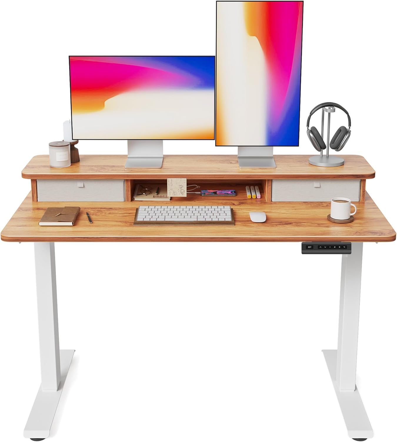 FEZIBO 48 x 24 Inch Whole-Piece Height Adjustable Standing Desk with Double Drawers, Sit Stand Desk, Stand Up Table (Send Two Packages), Light Rustic Top