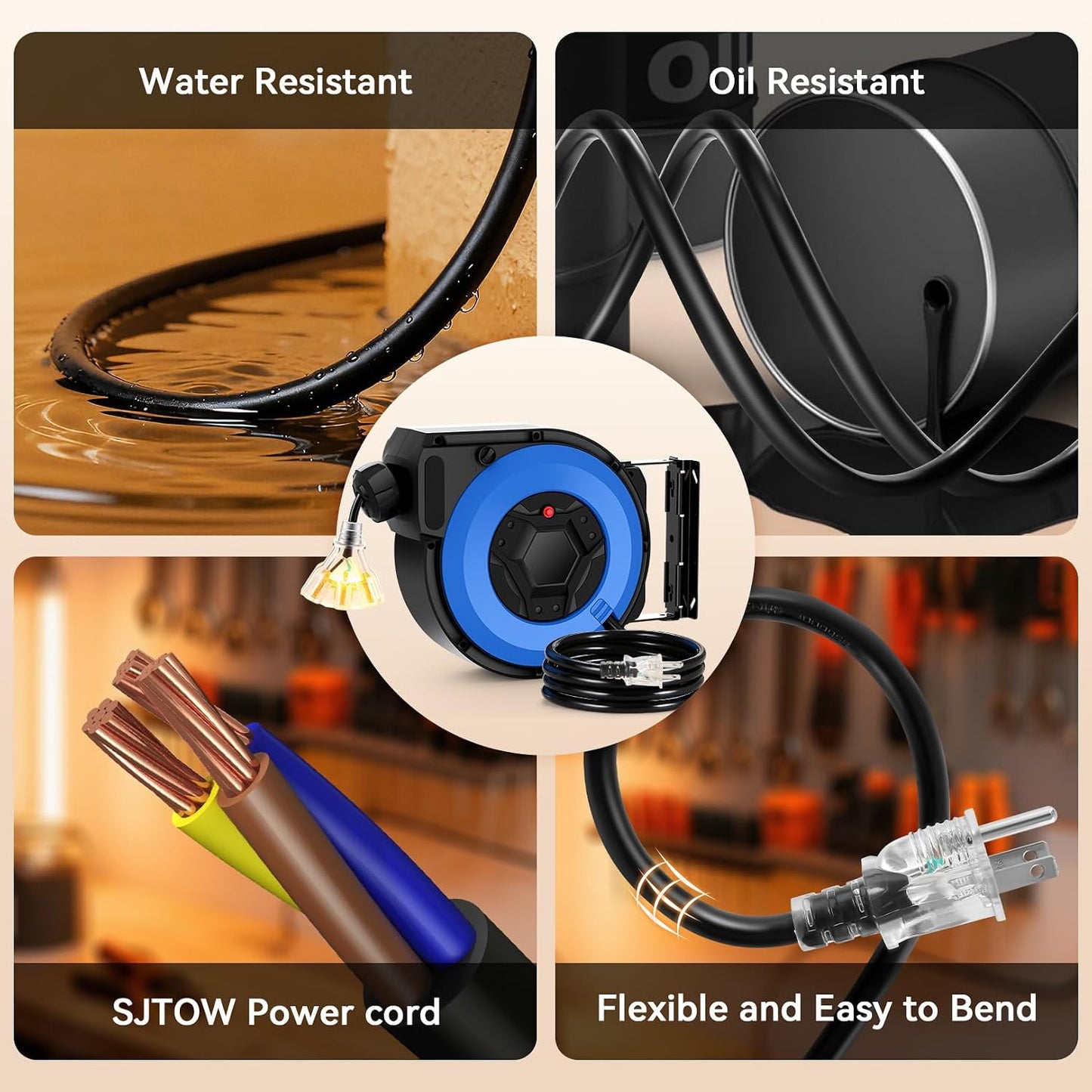 Retractable Extension Cord Reel, 50FT Heavy Duty Power Cord for Garage Workshop, 14AWG/3C SJTOW Cord Reel, UL Listed, Security Lock, 13A Circuit Breaker, 3-Lighted Triple Outlets, 180°Swivel Bracket