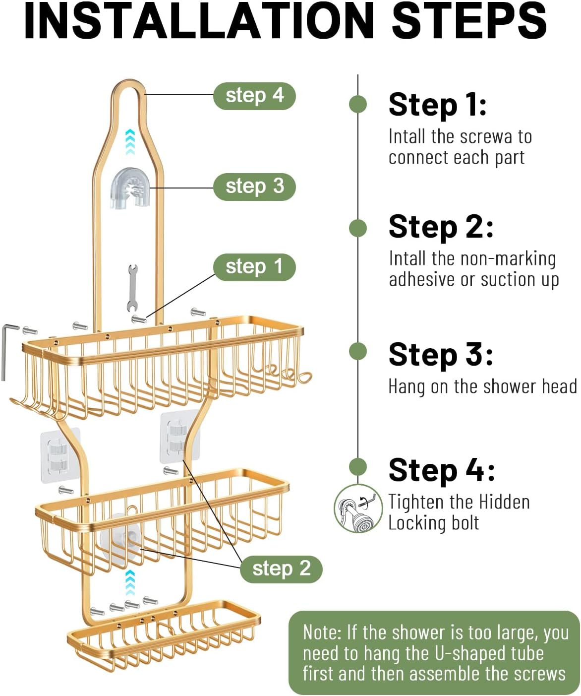 Shower Caddy Hanging - Never Rust Shower Hanging Organizer - Aluminum Over the ShowerHead Caddy with Soap Basket and 6 Razor/Sponge Hooks (Gold)