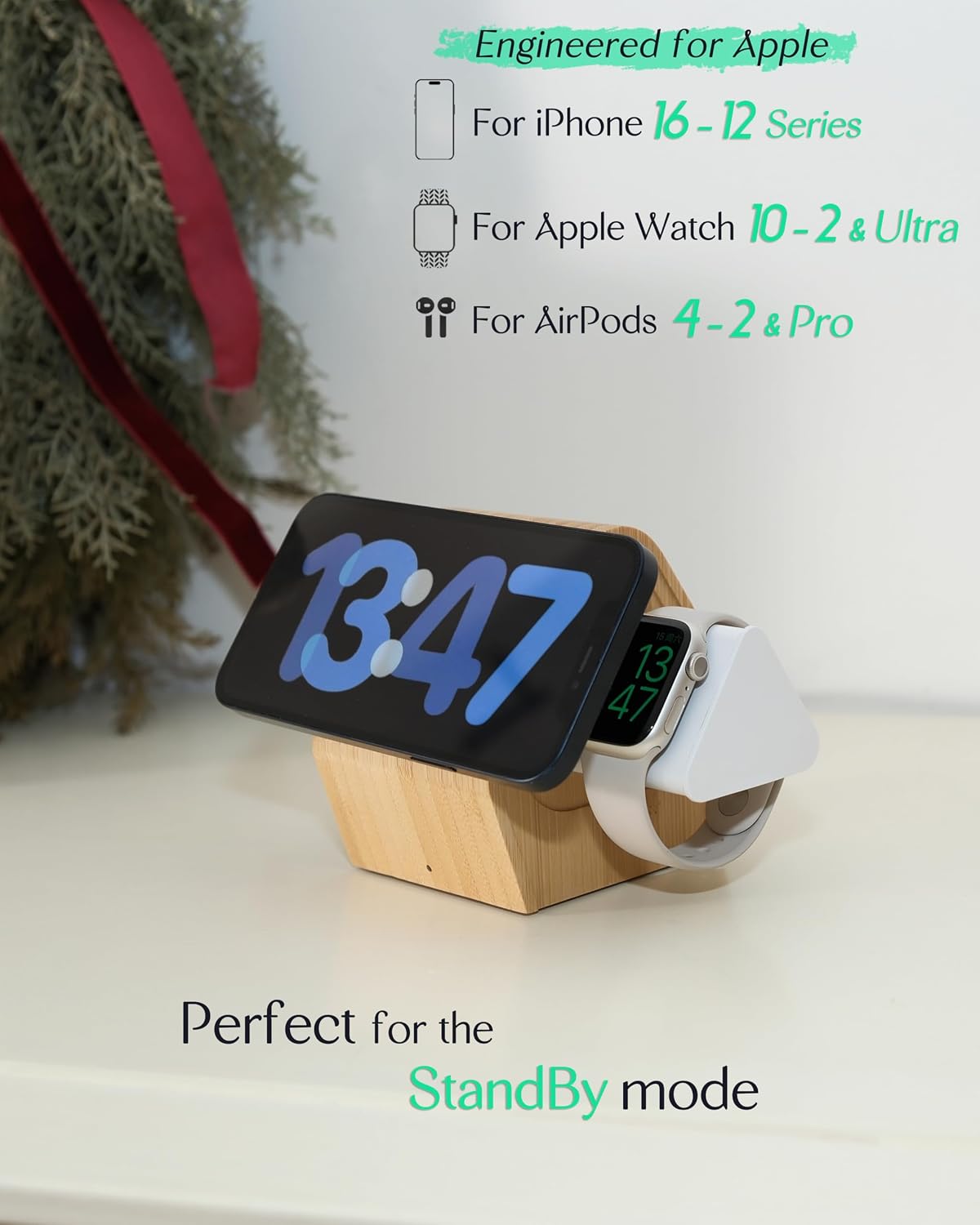 Bamboo Wireless Charger for Apple|3-in-1 Charger Stand|Cabin Style | Fast-Charging Station for MagSafe iPhone 17 16 15 14 13 12 Series, Watch 11-2, SE, Ultra& AirPods 4-2|Pro(20W Adapter)Natural