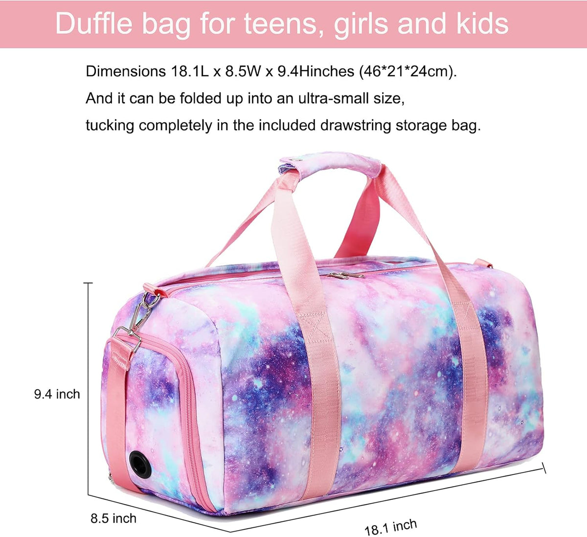 Gym Duffle Bag for Girls, Gymnastics Sports Bag for Teens Women Small Overnight Weekender Carry On Travel Bag with Shoe Compartment and Wet Pocket Galaxy