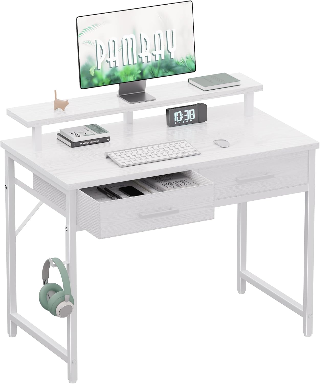 Pamray 32 Inch Small Computer Desk with Monitor Stand Home Office Desks with 2 Drawers for Bedroom Study Writing and Work Table for Small Spaces Grey
