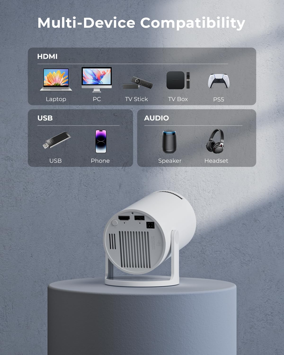 Mini Projector, Portable Projector with Wifi and Bluetooth, Built in Apps, Support 4K 1080P, 180° Rotation, Auto Keystone, Movie Projector Compatible With HDMI/USB/TV Stick/Smartphone/Laptop