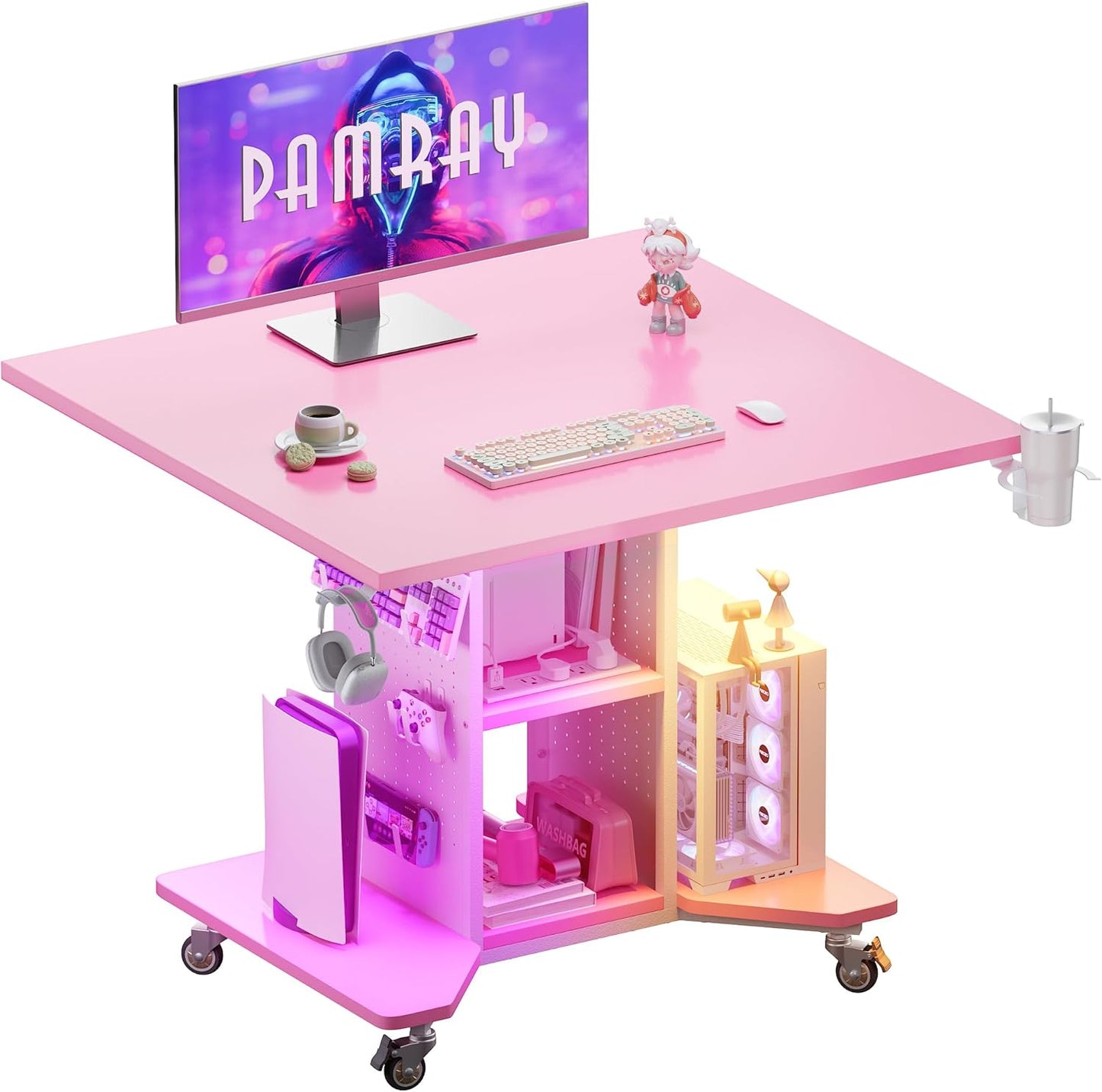 Pamray Small Rolling Gaming Desk with Led Lights Power Outlets and Storage Pegboard, Small Spaces Compact PC Computer Table Balck