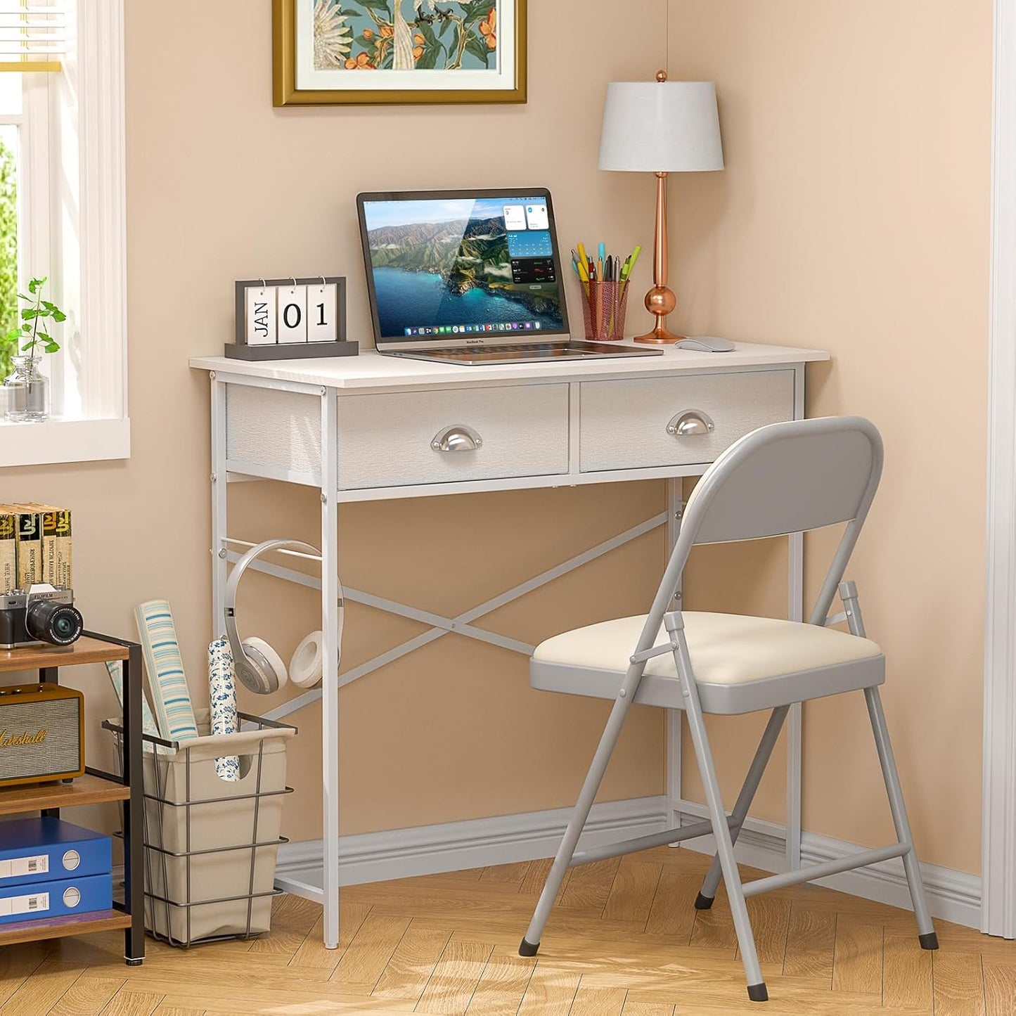DAOUTIME Small Writing Desk for Kids Bedroom, 31.5 Inch Small Computer Desk for Small Spaces, Simple Desk with 2 Fabric Drawers for Home Office, Dorm, Living Room, Home Study Table, White