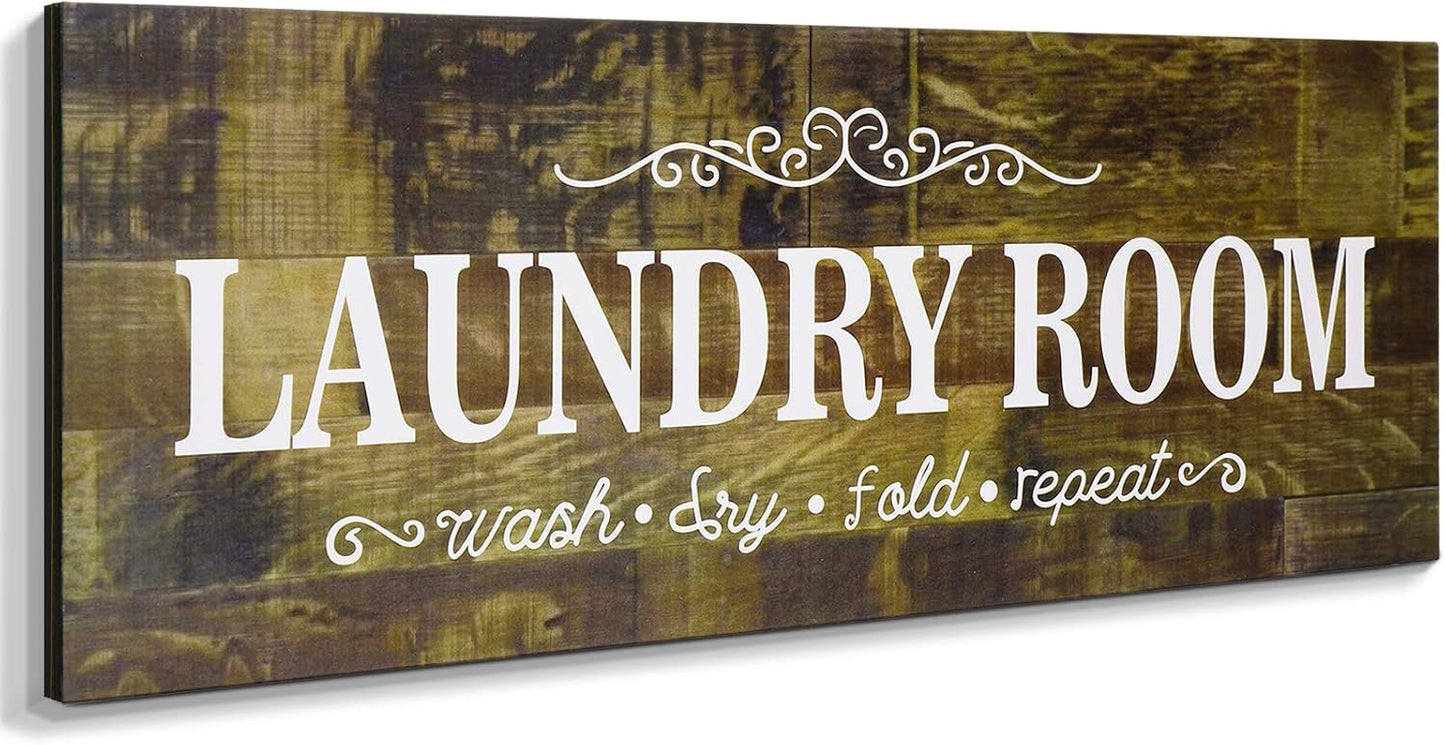 Laundry Room Decor Sign Wooden Rustic Farmhouse Family Laundry Room Wall Sign Wash Dry Fold Repeat Wall Decor Prints for Home, 16 x 6 Inches(White)