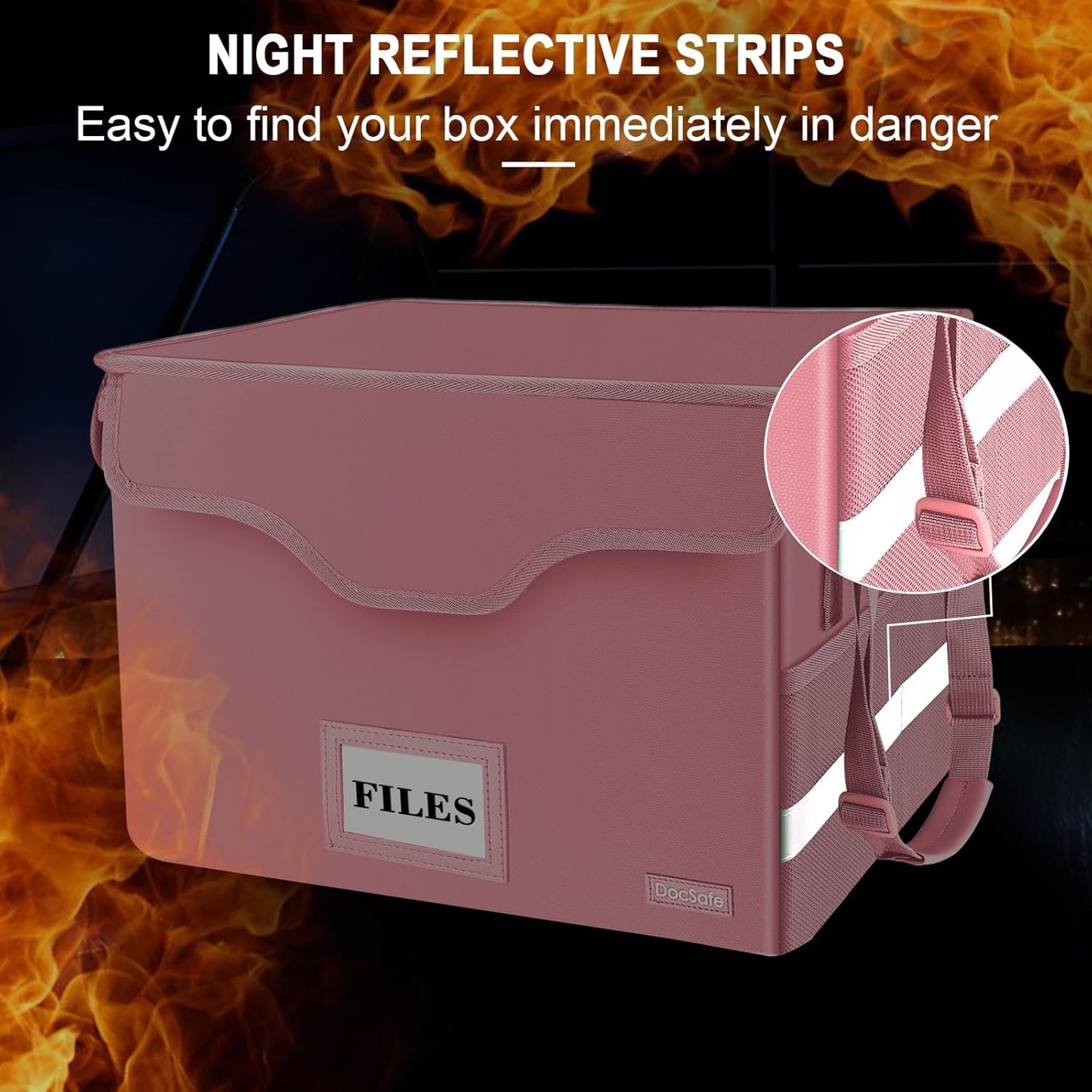 DocSafe Fireproof Document Box with Lock,File Storage Organizer with Zipper Pockets,Collapsible Portable File Box Home Office Safe Filing Cabinet with Handle for Hanging Letter/Legal Folder,Pink
