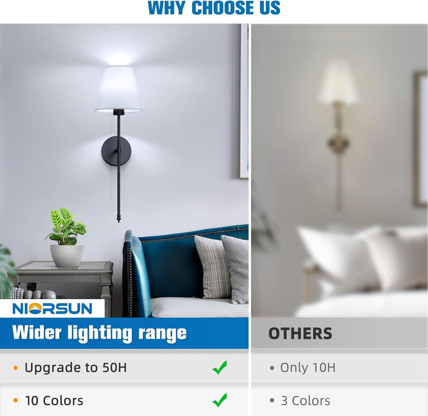 NIORSUN Battery Operated Wall Sconce Set of 2,Black Rechargeable Wall Lights with 10400mAh Dimmable Bulbs and Remote,10 Colors Wireless Wall Lamps for Bedroom Living Room Hallway Decor