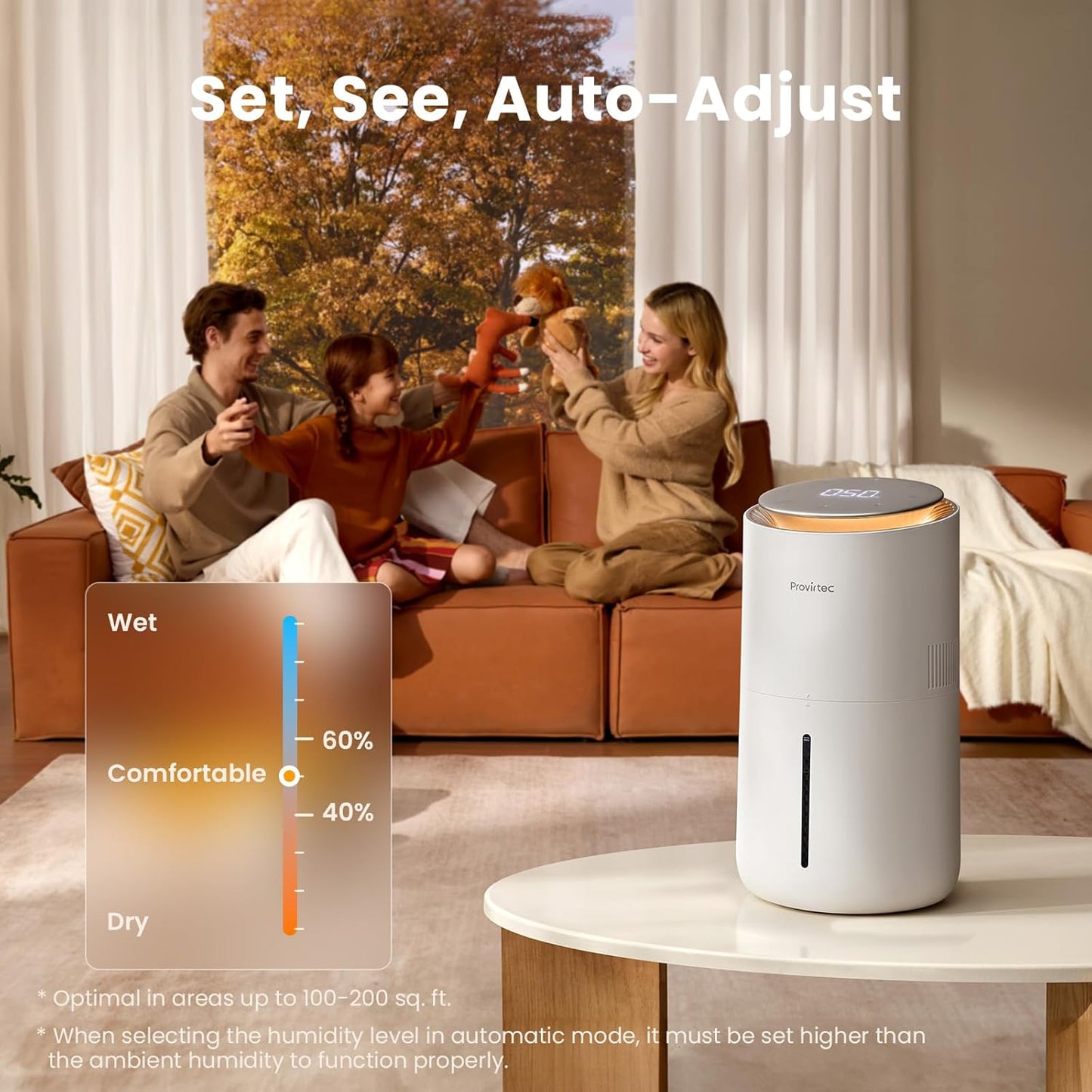 Provirtec MistFree Evaporative Humidifier for Bedroom, 3L No White Dust for Sensitive Individuals, Auto Humidity Control, Works with Tap Water, Night Light, Easy Clean Tank for Home & Small Room