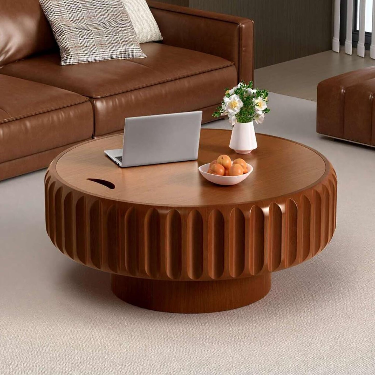 Mid Century Modern Round Fluted Coffee Table (J) | Handcraft Drum Coffee Table, Sturdy Pedestal, Wood Veneer Top, for Living Room Reception Room Farmhouse