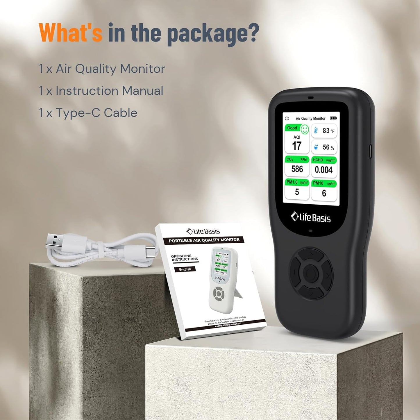 LifeBasis Air Quality Monitor Indoor, 11-in-1 Air Quality Detector with Stand, Air Meter Test AQI, PM1.0, PM2.5, PM10, CO2, TVOC, HCHO, Particles, Temperature and Humidity with Alert