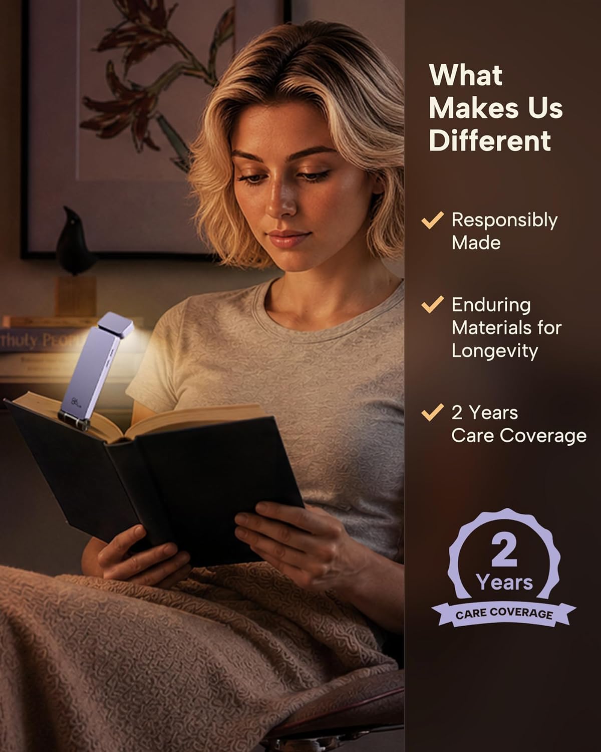 86lux Book Light, Rechargeable Clip-On LED Reading Light for Bed & Night Use - 3 Color Temperatures with Stepless Dimming, Ultralight Bookmark Design for Kids, Book Lovers, Purple