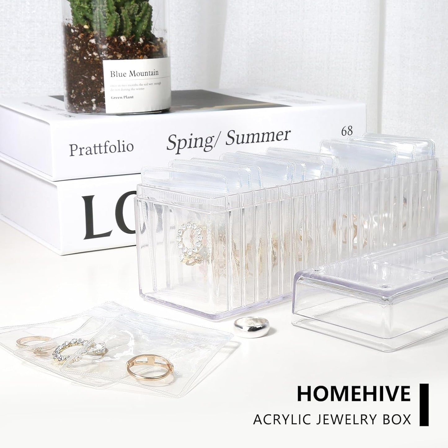 HOMEHIVE Acrylic Jewelry Box Organizer, Clear Jewelry Organizer and Storage with 20 Portable Anti Tarnish Jewelry bags, Travel Jewelry Case for Earrings/Rings/Necklaces Gifts for Women Girls, Clear
