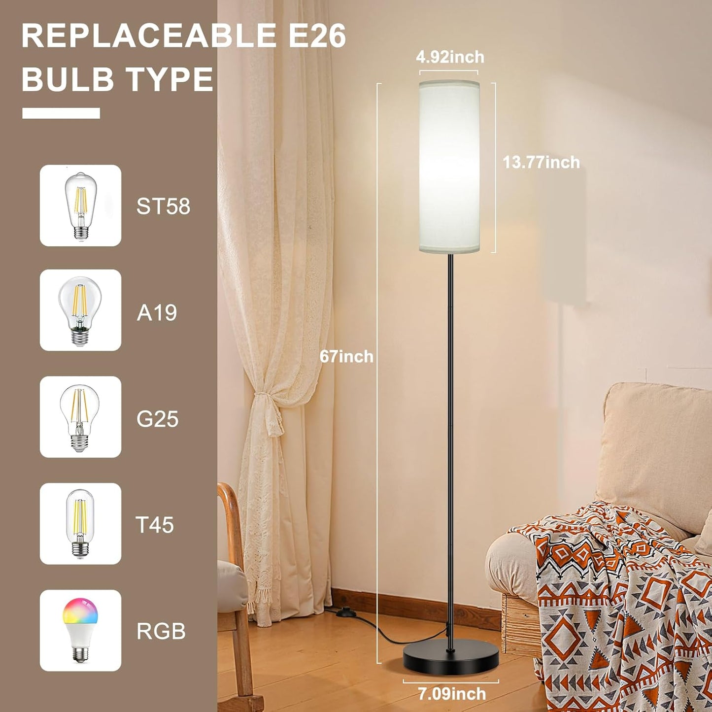 FRIDEKO HOME Floor Lamp, Color Changing Ambient Lighting for Living Room & Gaming Decor, Smart Standing Lamp with App & Remote Control, Tall Corner Lamp for Bedroom, 9W 800LM, Foot Switch, White Shade