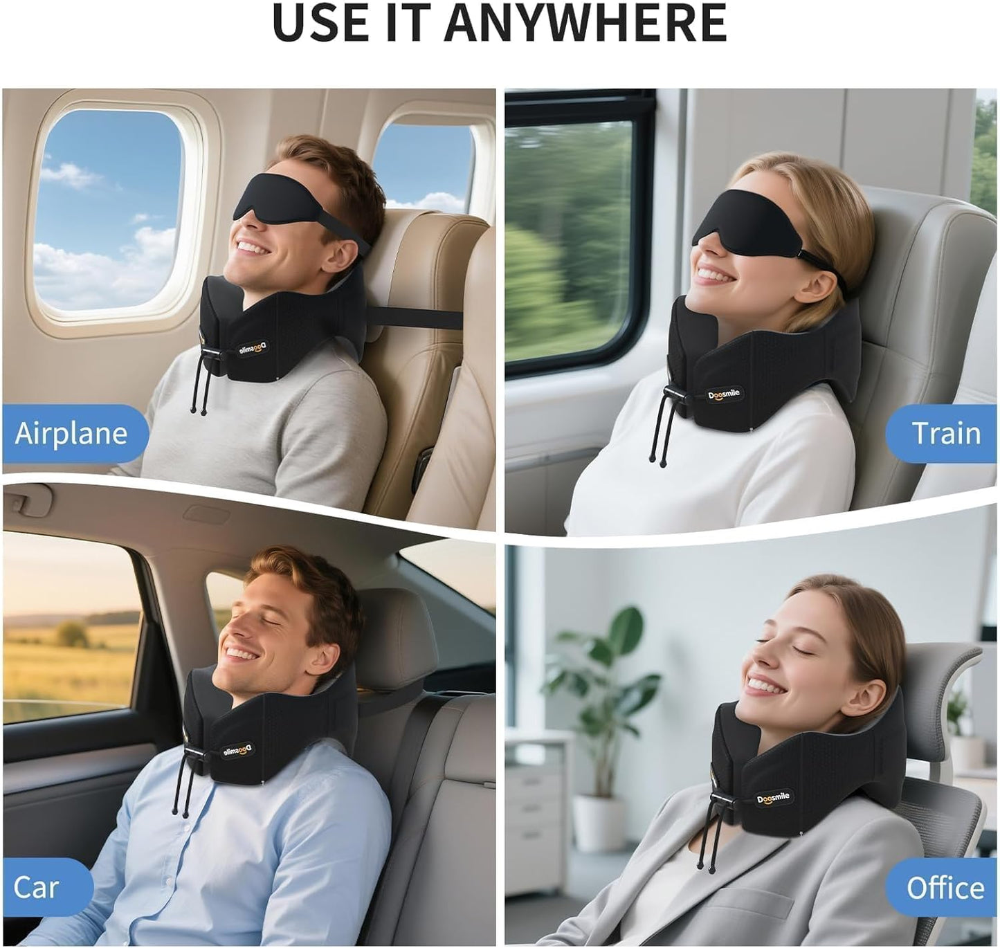 Patented Head-Bobble-preventing Ergonomic 360° Supporting Golden Formula Memory Foam Travel Neck Pillow w/3D Contoured Eye Mask Set Long Trip Sleeping Essentials for Airplane Flight Car Bus