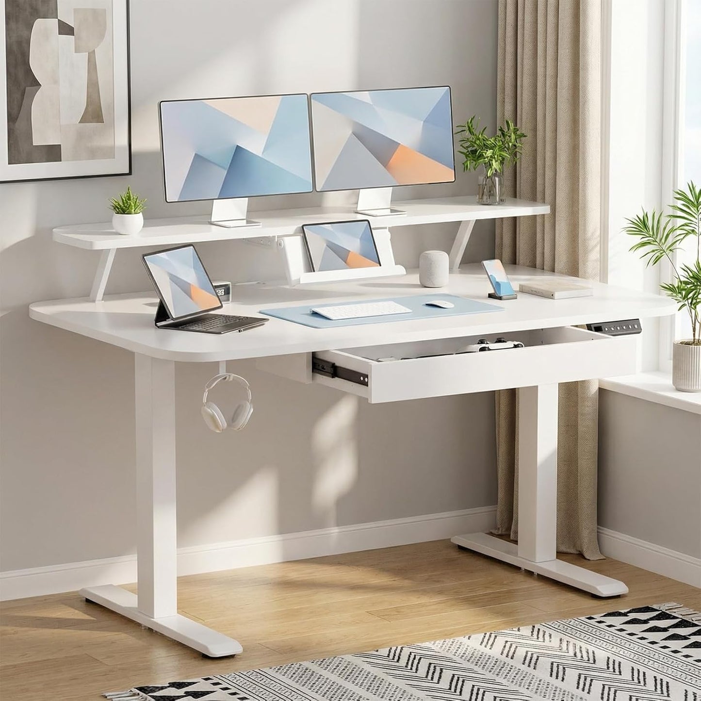 GTPLAYER Electric Standing Desk with Drawers, 48 x 24 Inches Height Adjustable Computer Desk with Monitor Stand, Laptop Stand, Sit Stand up Desk with Memory Preset for Home, Office, White