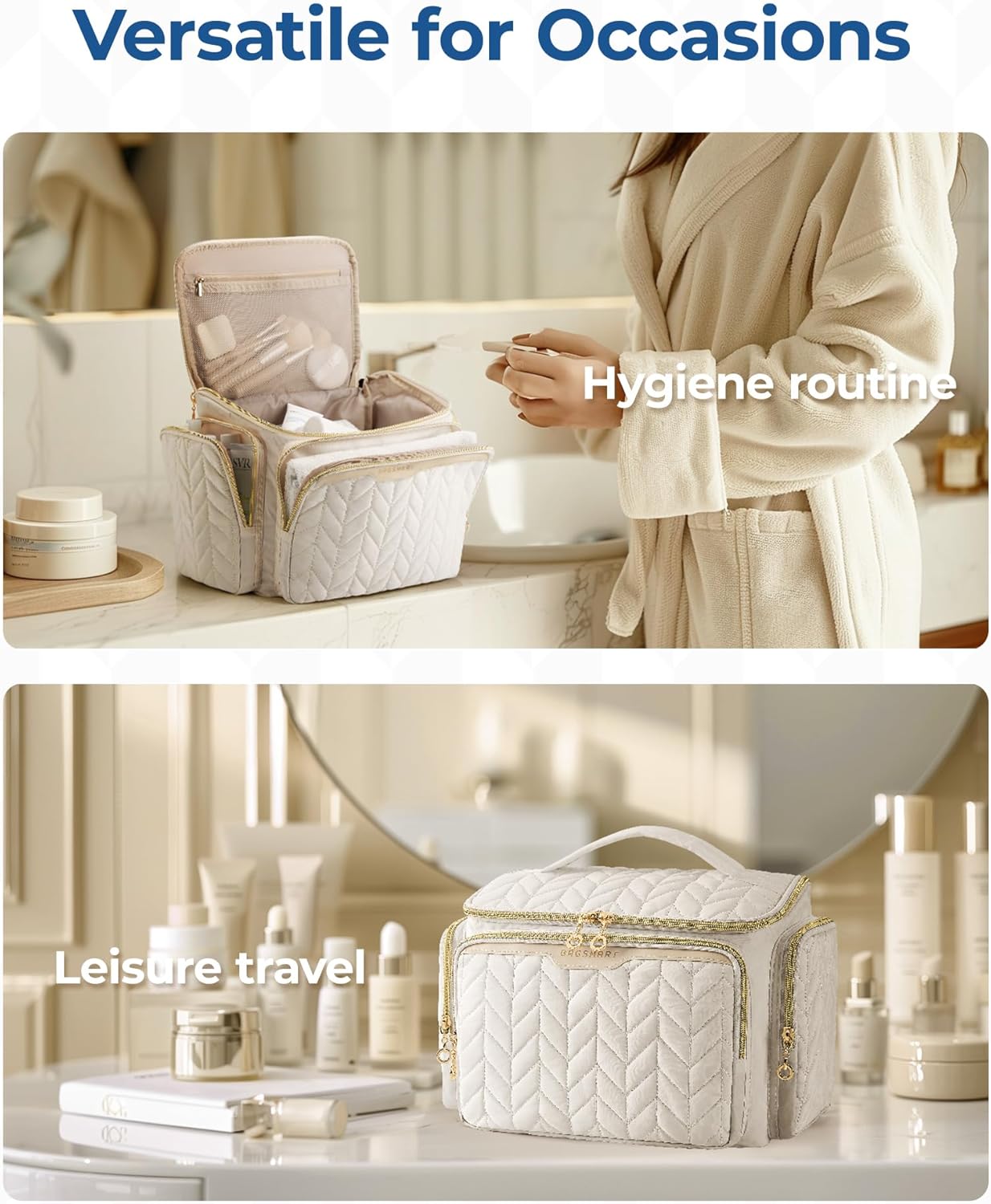 BAGSMART Travel Toiletry Bag, Large Wide-open Travel Bag for Toiletries, Makeup Cosmetic Travel Bag with Handle-Beige