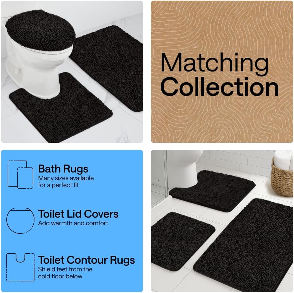 GORILLA GRIP Bath Rug Mat, Thick Soft Absorbent Chenille, Quick Dry Microfiber Mats, Rubber Backing Washable Shower Floor Rugs, US Designed Bathroom Bathmat Home Decor Accessories, 24x17, Black
