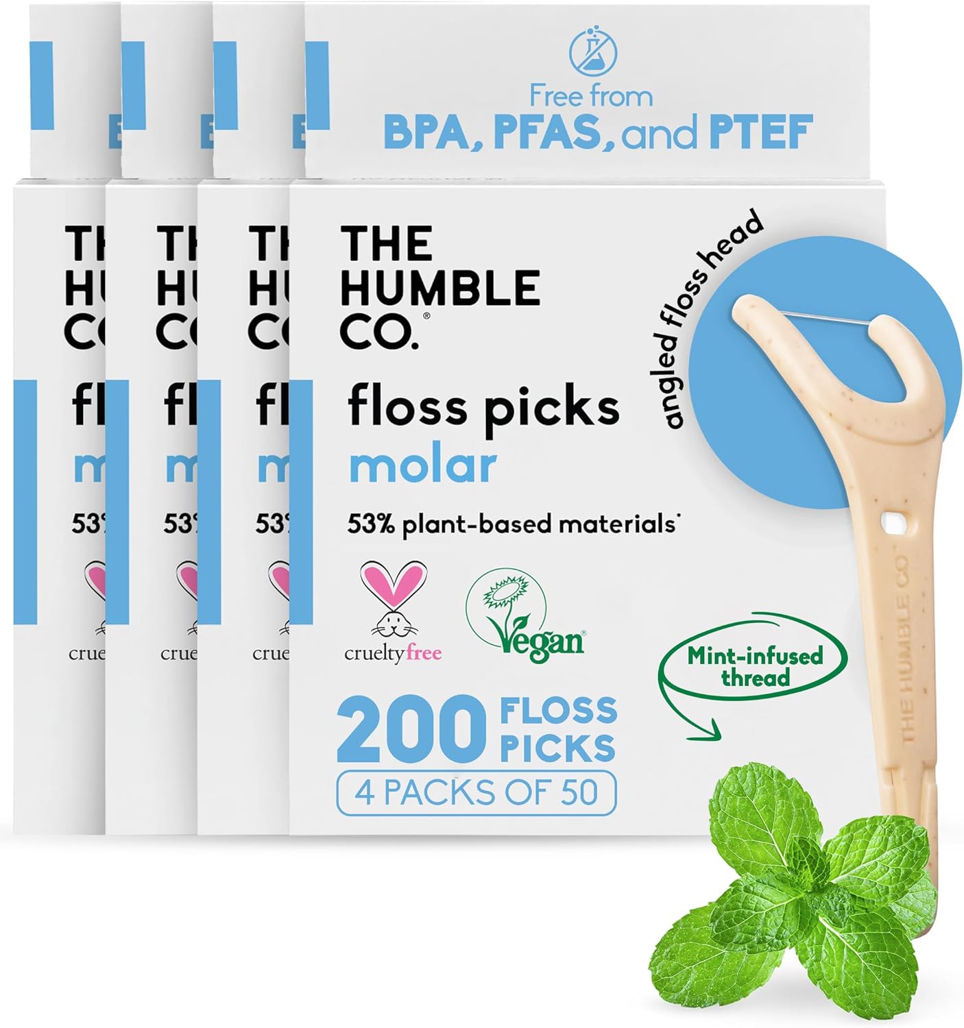The Humble Co Dental Floss Picks for Teeth, 200 Count (Mint) - Double Thread Tooth Picks Flossers for Adults Gum Health - Toothpick Floss for Interdental Oral Care & Hygiene