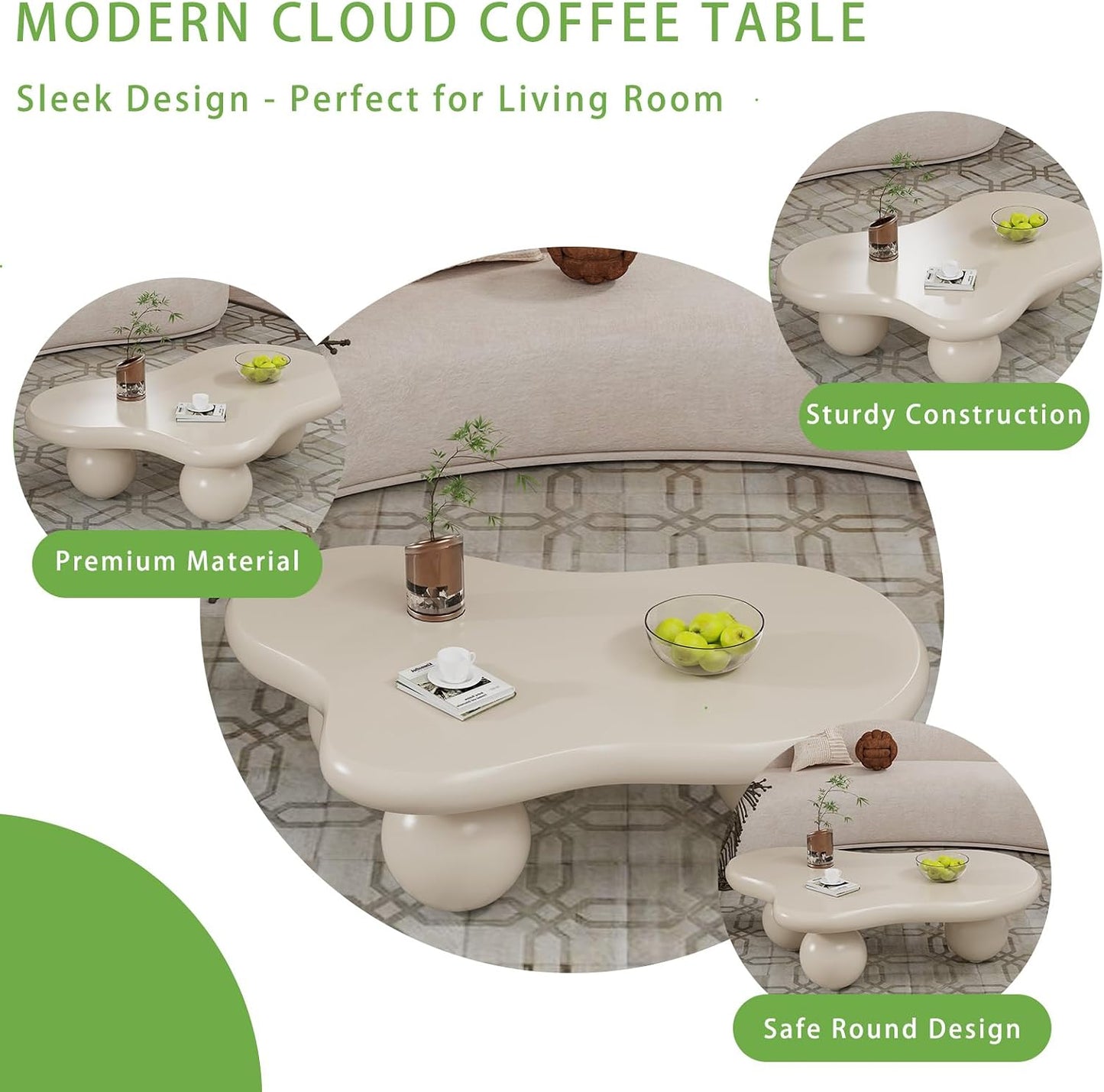 Luxury Cloud Coffee Table (Cloud Brown Cylinder Legs L46.06"W31.1*H15.35) | Irregular Design | Living Room Centerpiece | Holds 330lbs | Stylish & Sturdy