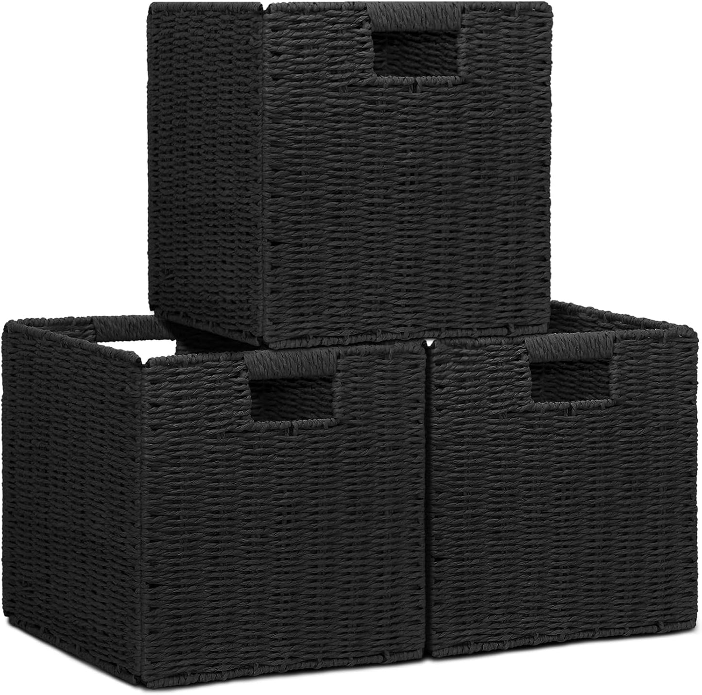 Wicker Storage Baskets for Organizing, 3 Pack Rustic Foldable Square Basket for Shelves, Handwoven Cubby Organizer Bins for Home Decor, Small Cube Storage Bin for Closet Organization (Natural 11 inch)