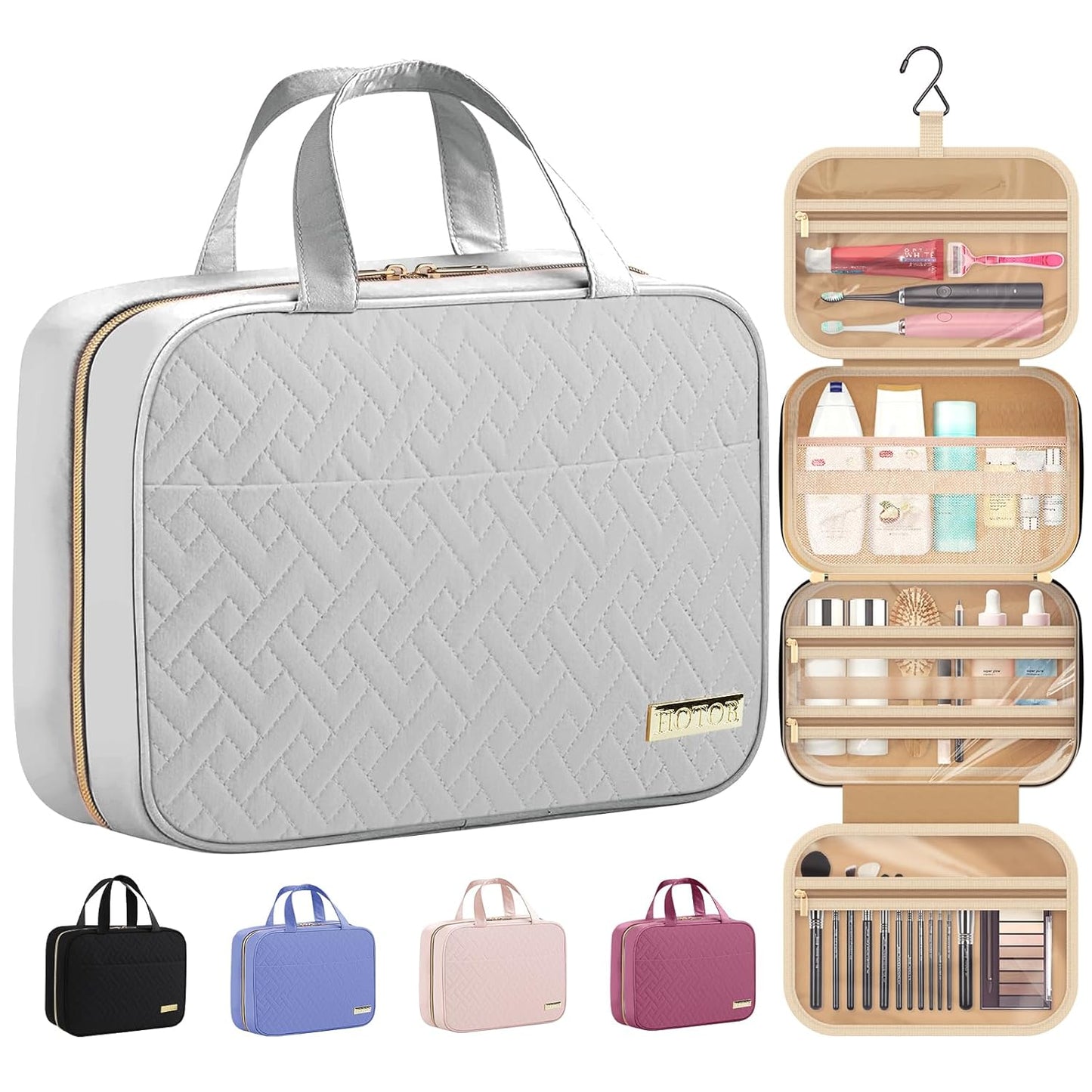 HOTOR Travel Toiletry Bag - Hanging Toiletry Bag for Women & Men, Makeup Bag/Big Comparment, Waterproof for Travel Accessories, Travel Essentials, Medium, Beige with Colorful Floral