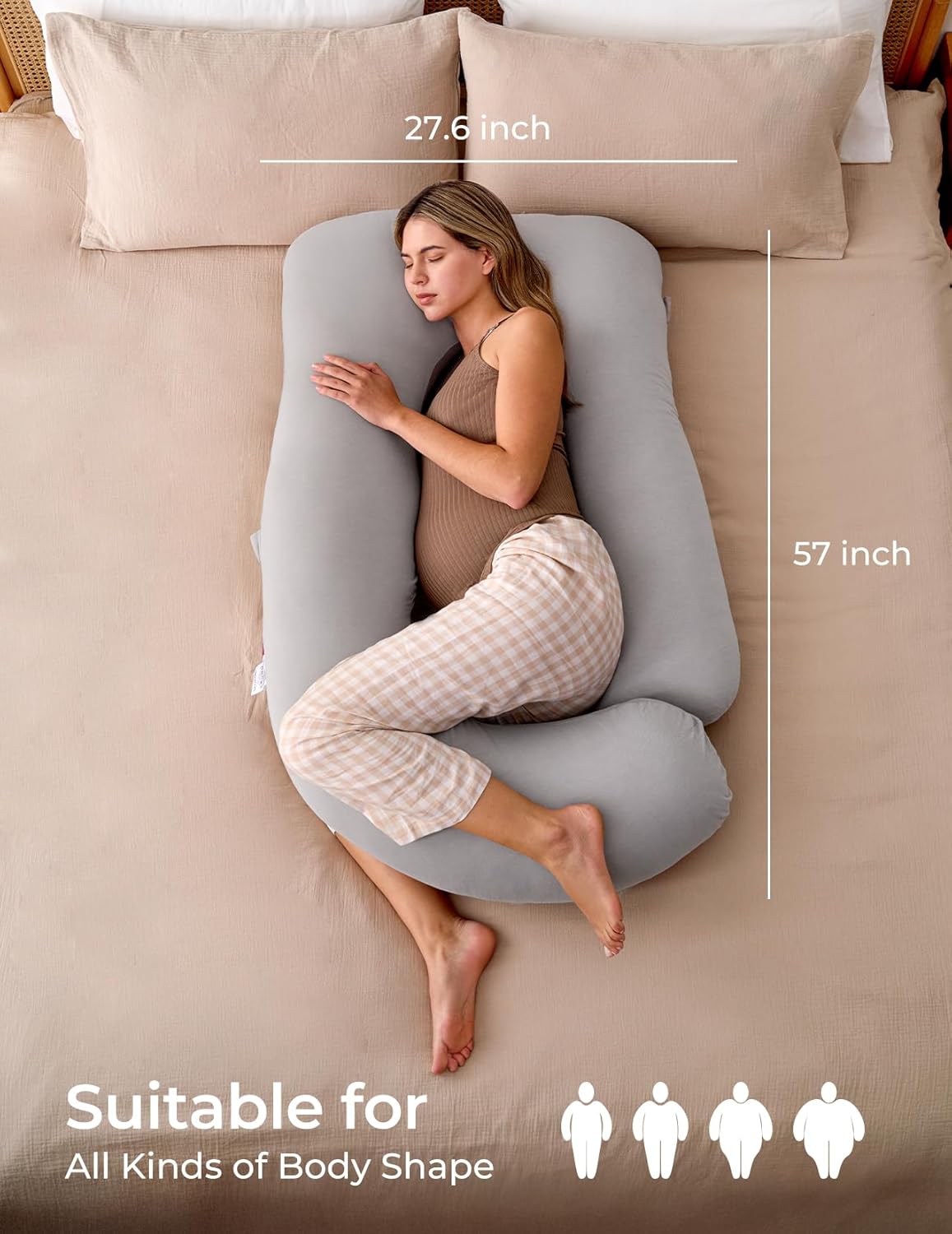 Momcozy Pregnancy Pillows for Sleeping, U Shaped Full Body Pillow for Pregnancy Women with Removable Jersey Cotton Cover, 57 Inch Maternity Pillow, Grey