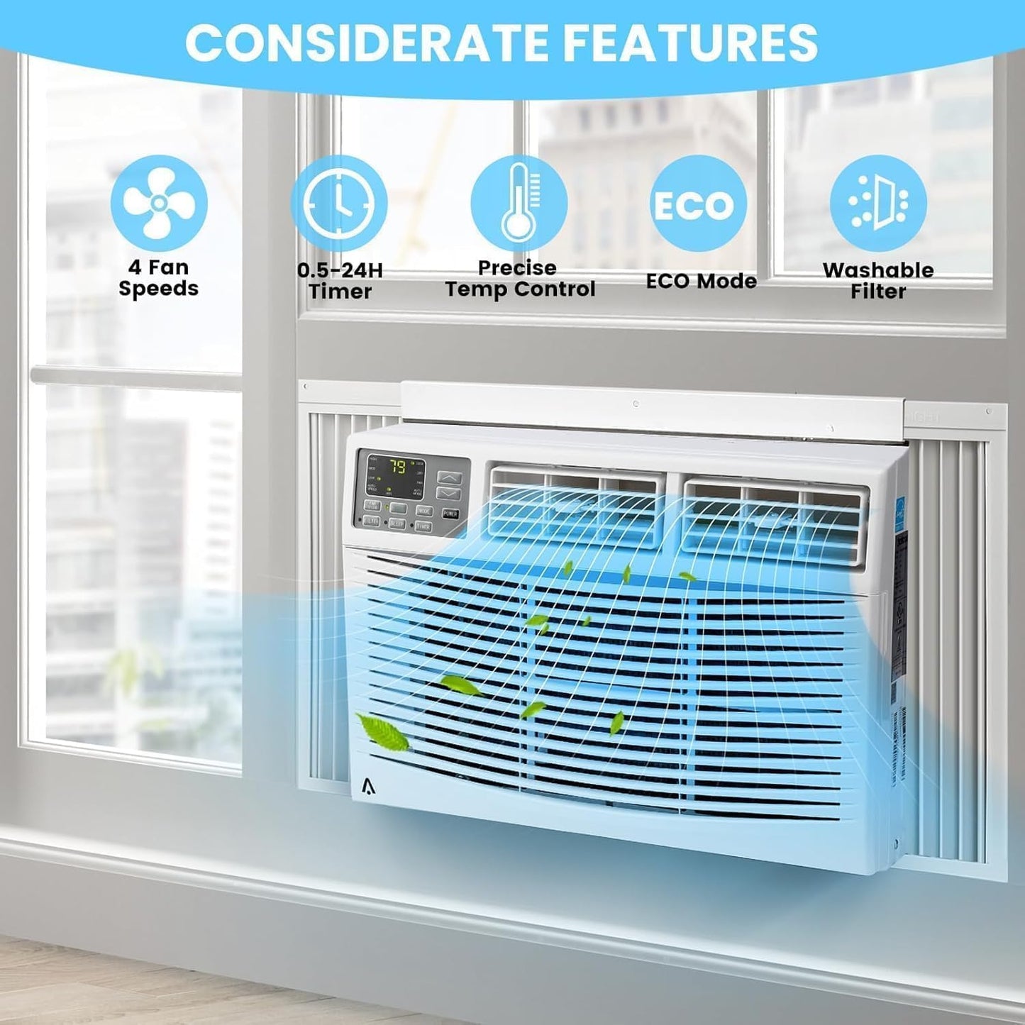 8000 BTU Window Air Conditioner Cools Up to 350 Sq. Ft., 3-In-1 WiFi Window AC Unit With Remote Control and Window Kit, Quiet Smart Room Air Conditioner for Home Office Dorms